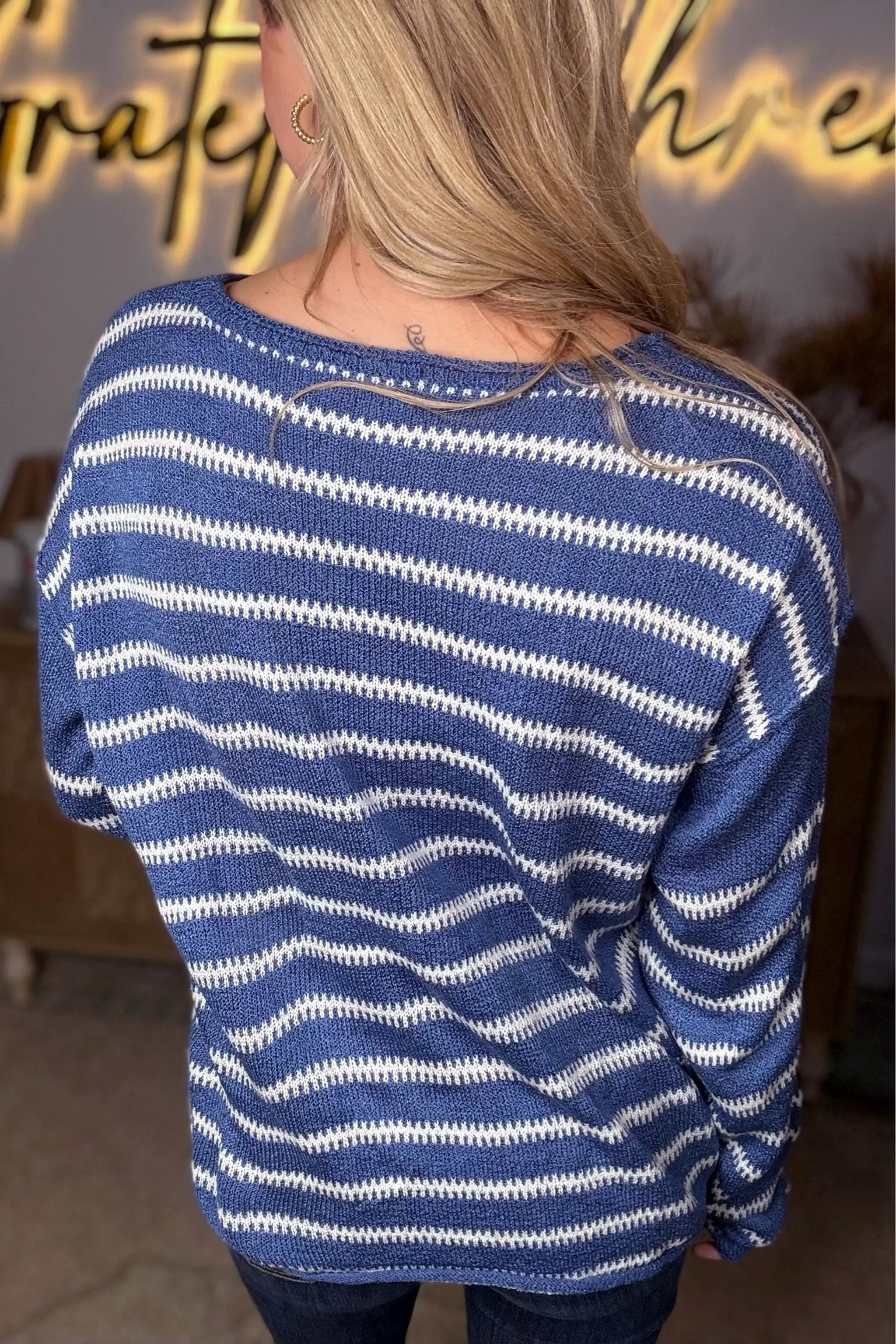 Grateful Threads Boutique Blue Striped Drop Shoulder Sweater - Shirts