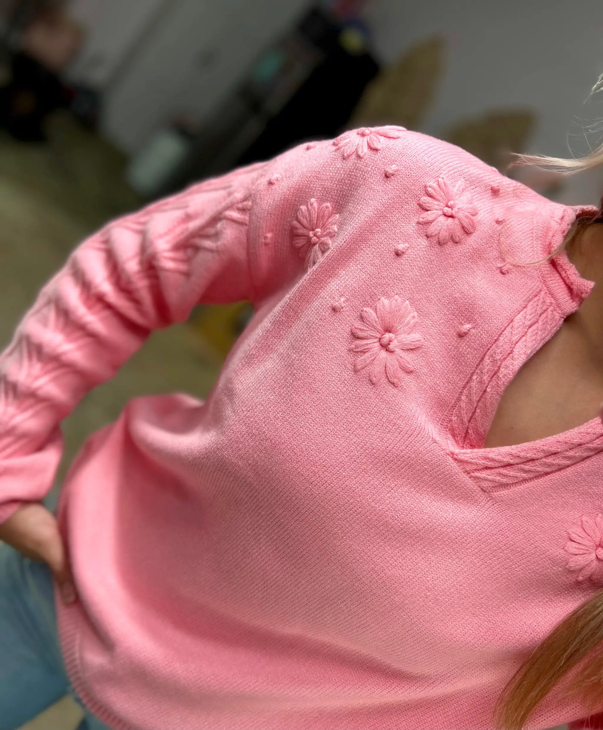 1 the Woman Peach Blossom Bloom Notched Neck Knit Sweater - Sweaters Peach Blossom Flower Detail Knitted Notched Neck Sweater