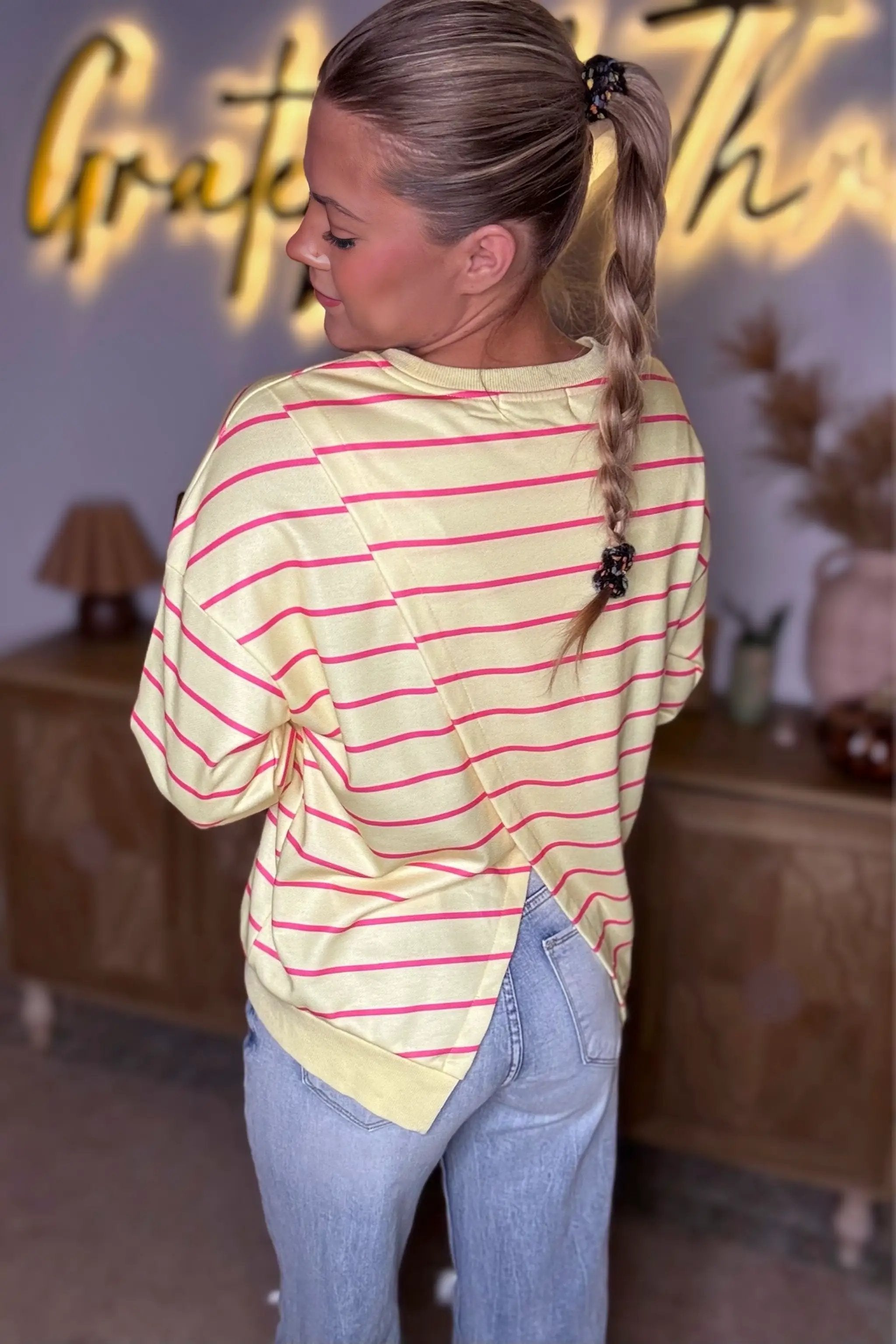 Grateful Threads Boutique Lemon Twist Overlap Stripe Pullover - Sweatshirts Yellow Stripe Stylish Overlap Detail Drop Shoulder Pullover Sweatshirt