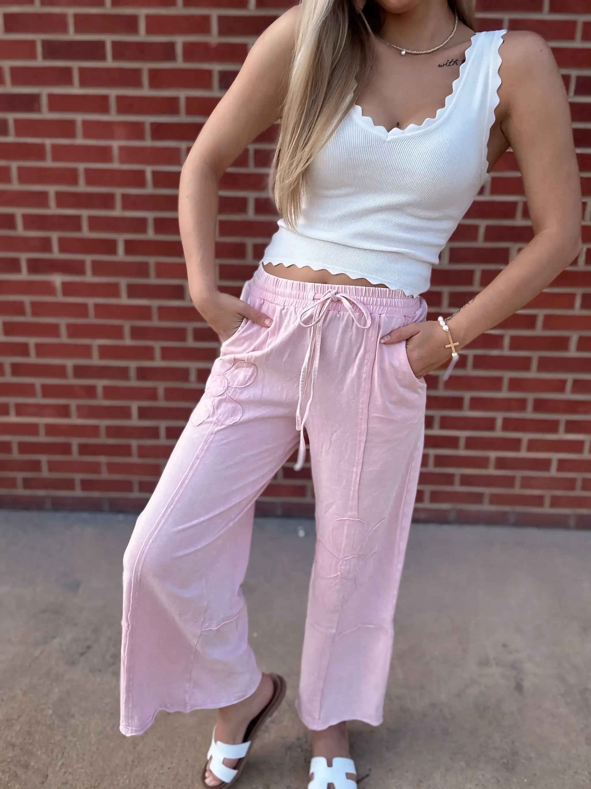 Grateful Threads Boutique Pink Flower Patch Mineral Washed Terry Knit Cropped Wide Leg Pants - Loungewear Bottoms Pink Flower Patch Mineral Washed Terry Knit Cropped Wide Leg Pants