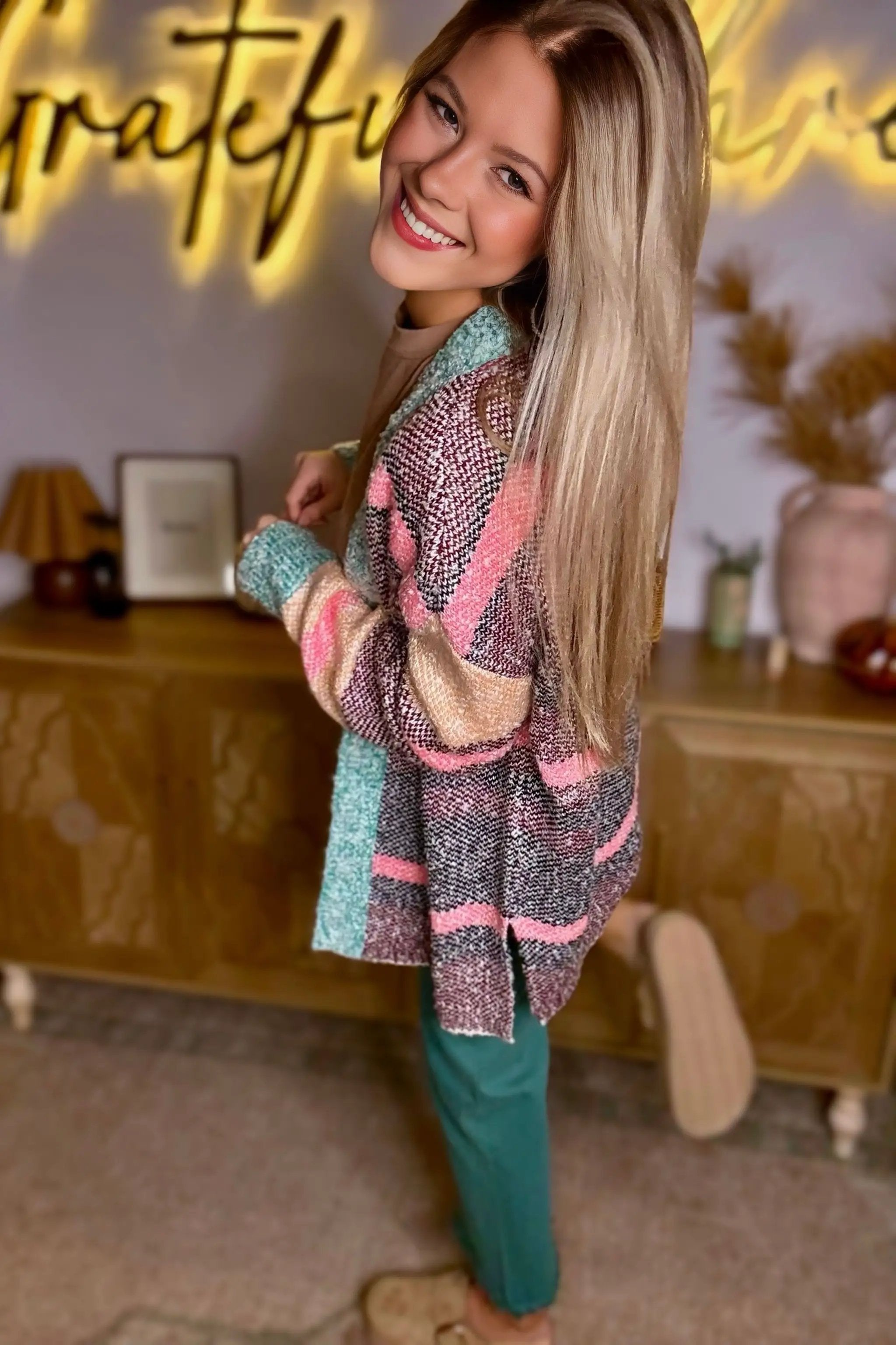 Grateful Threads Boutique Multicolor Color Block Striped Side Slit Open Front Cardigan - Cardigans Multicolor Color Block Striped Side Slit Open Front Cardigan