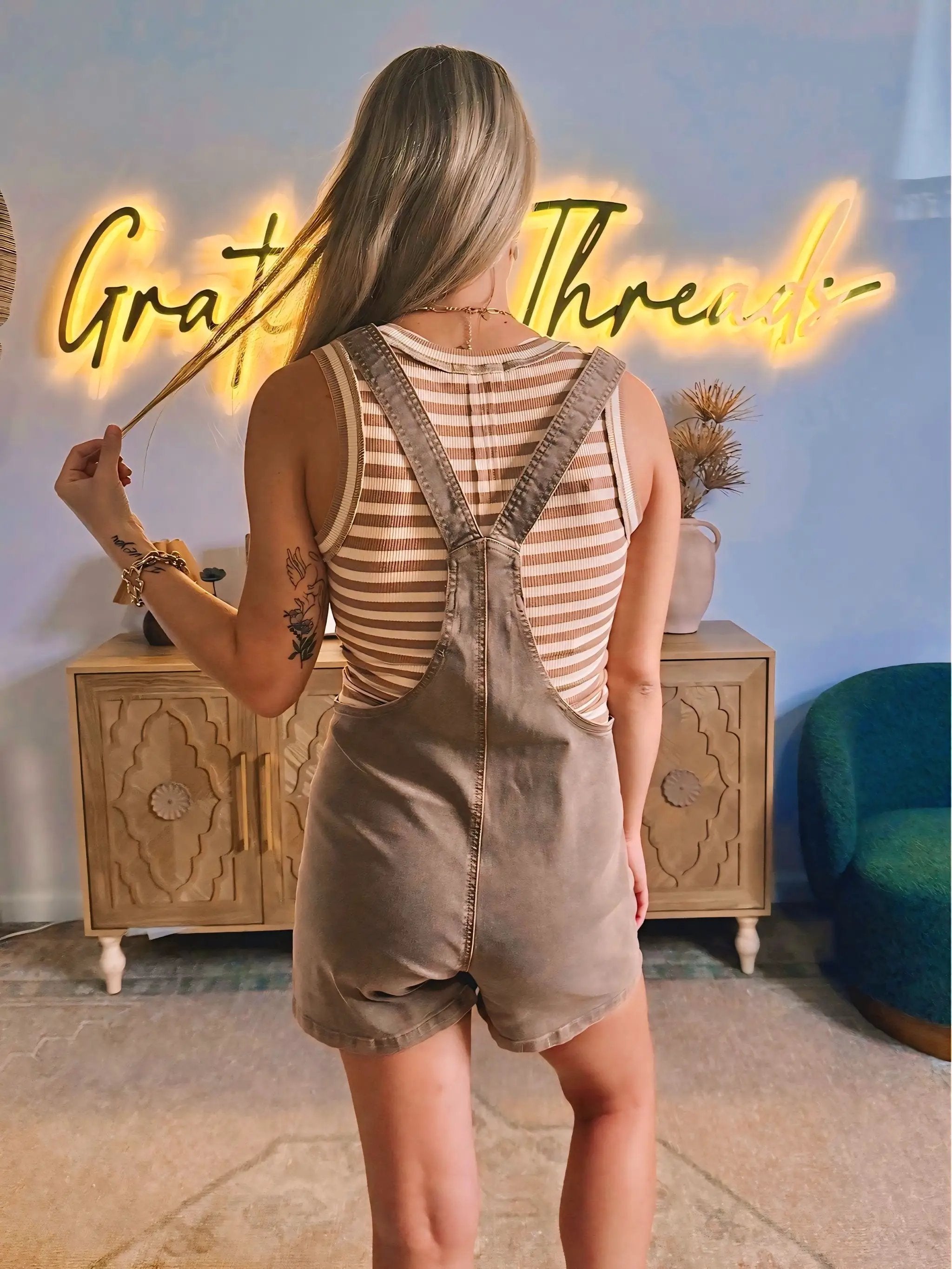 Grateful Threads Boutique Effortlessly Cool Knot Strap Denim Romper – Light French Beige - One-Pieces Beige romper