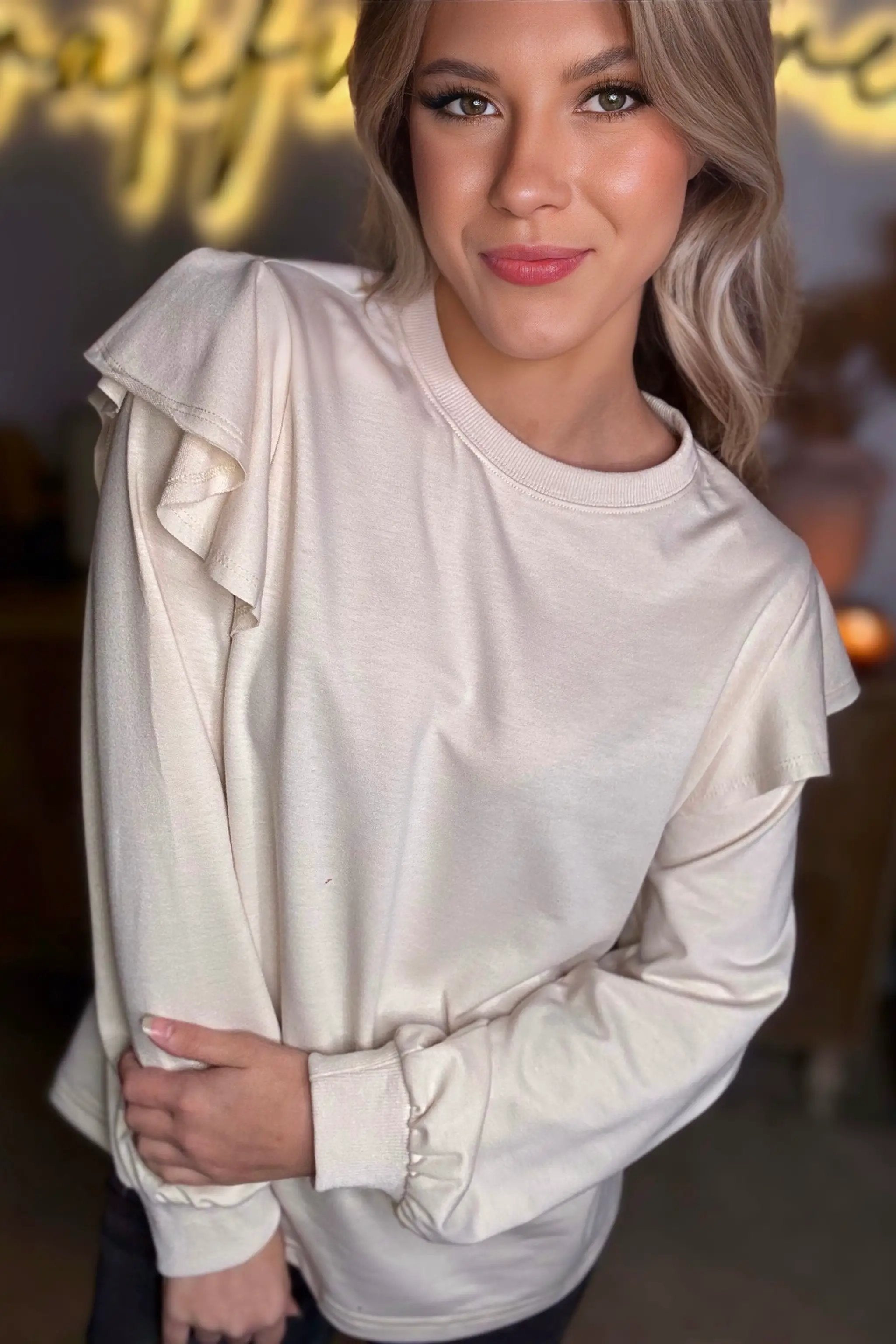 Grateful Threads Boutique Jet Stream Chic Ruffled Shoulder Cream Sweatshirt - Sweatshirts