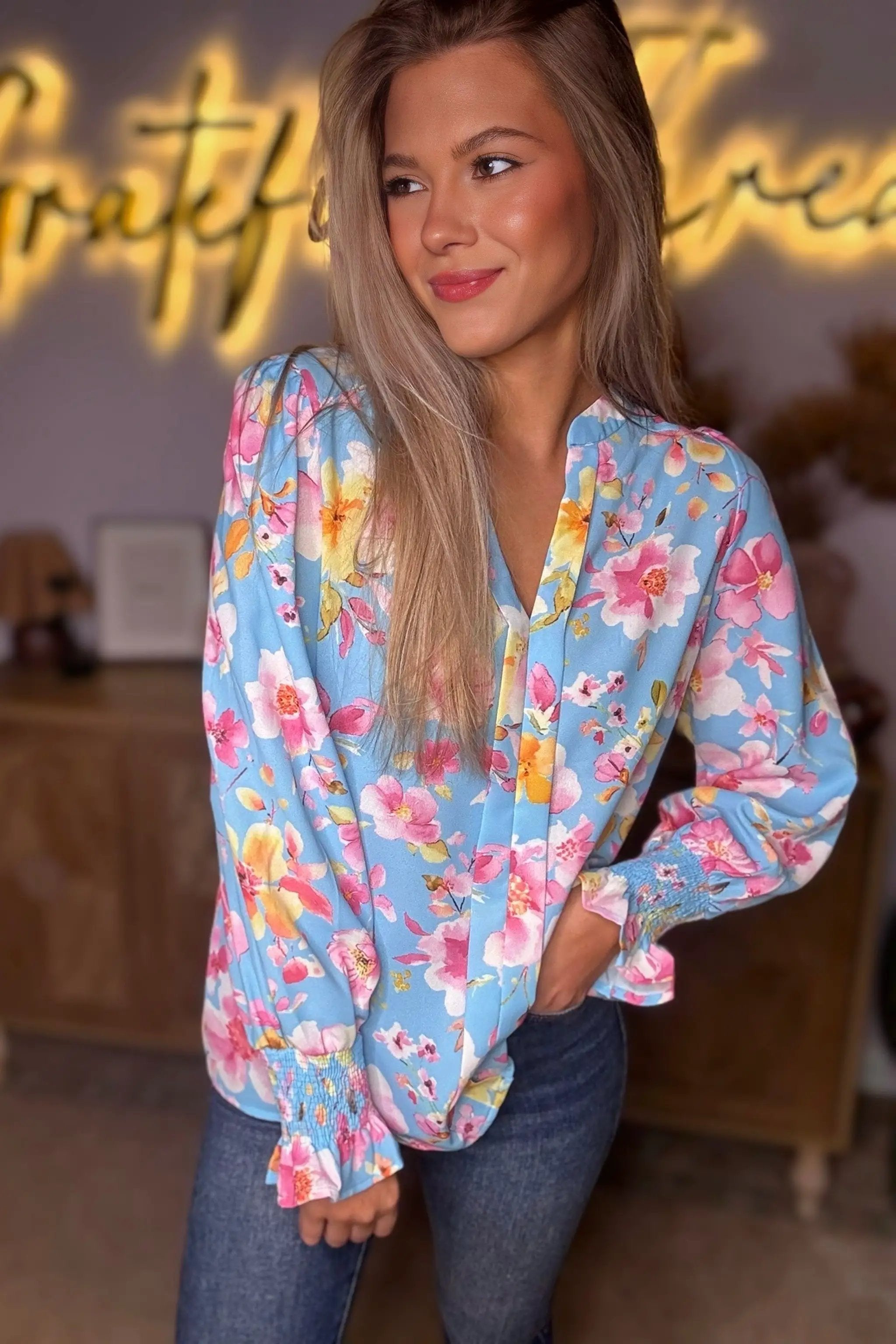 Grateful Threads Boutique Sky Blue Floral Smocked Cuff Flounce Sleeve V Neck Blouse - Blouses Sky Blue Floral Smocked Cuff Flounce Sleeve V Neck Blouse