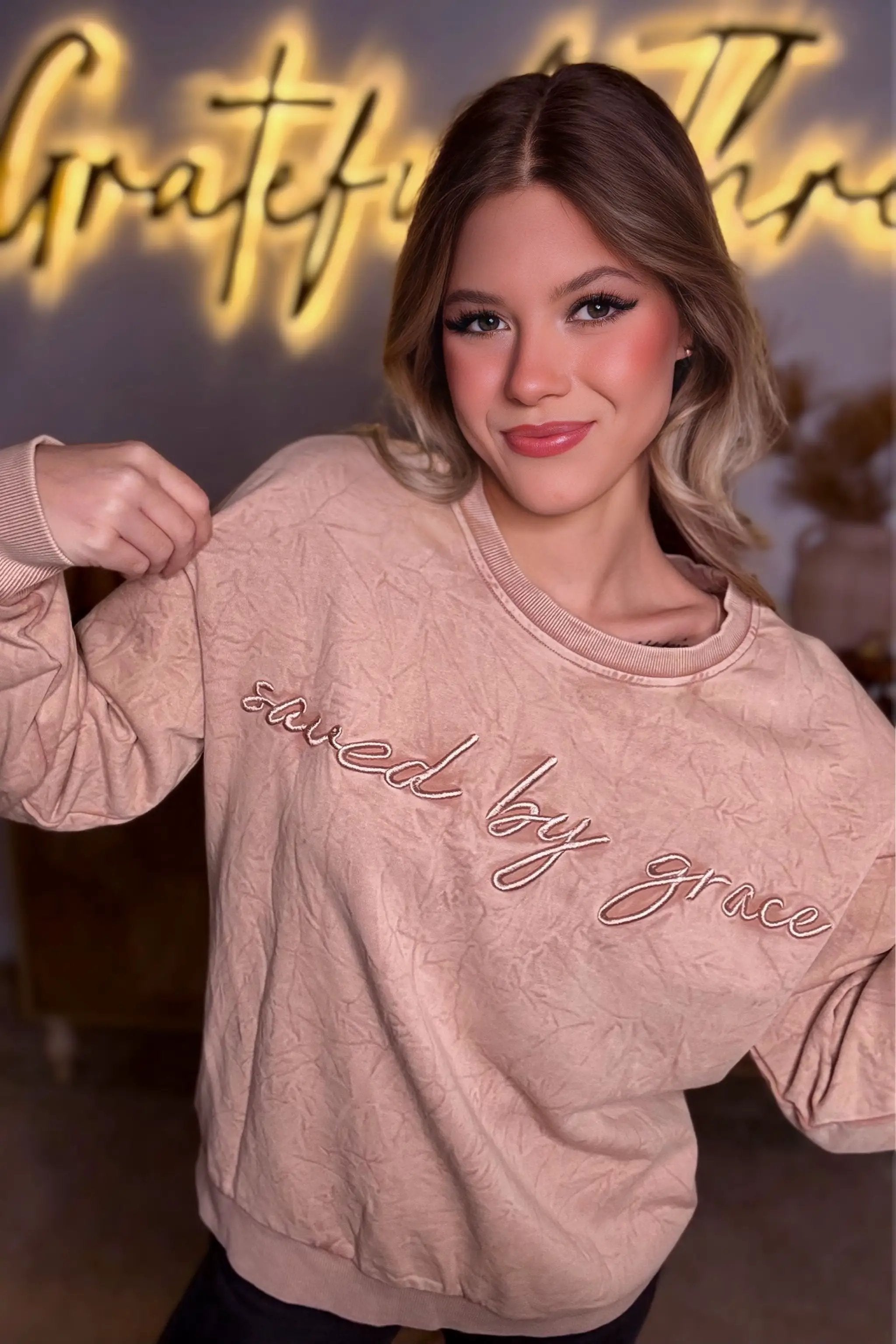 Grateful Threads Boutique “Saved By Grace” Letter Embroidery Mineral Wash Loose Sweatshirt - Sweatshirts DUNE saved by grace Letter Embroidery Mineral Wash Loose Sweatshirt