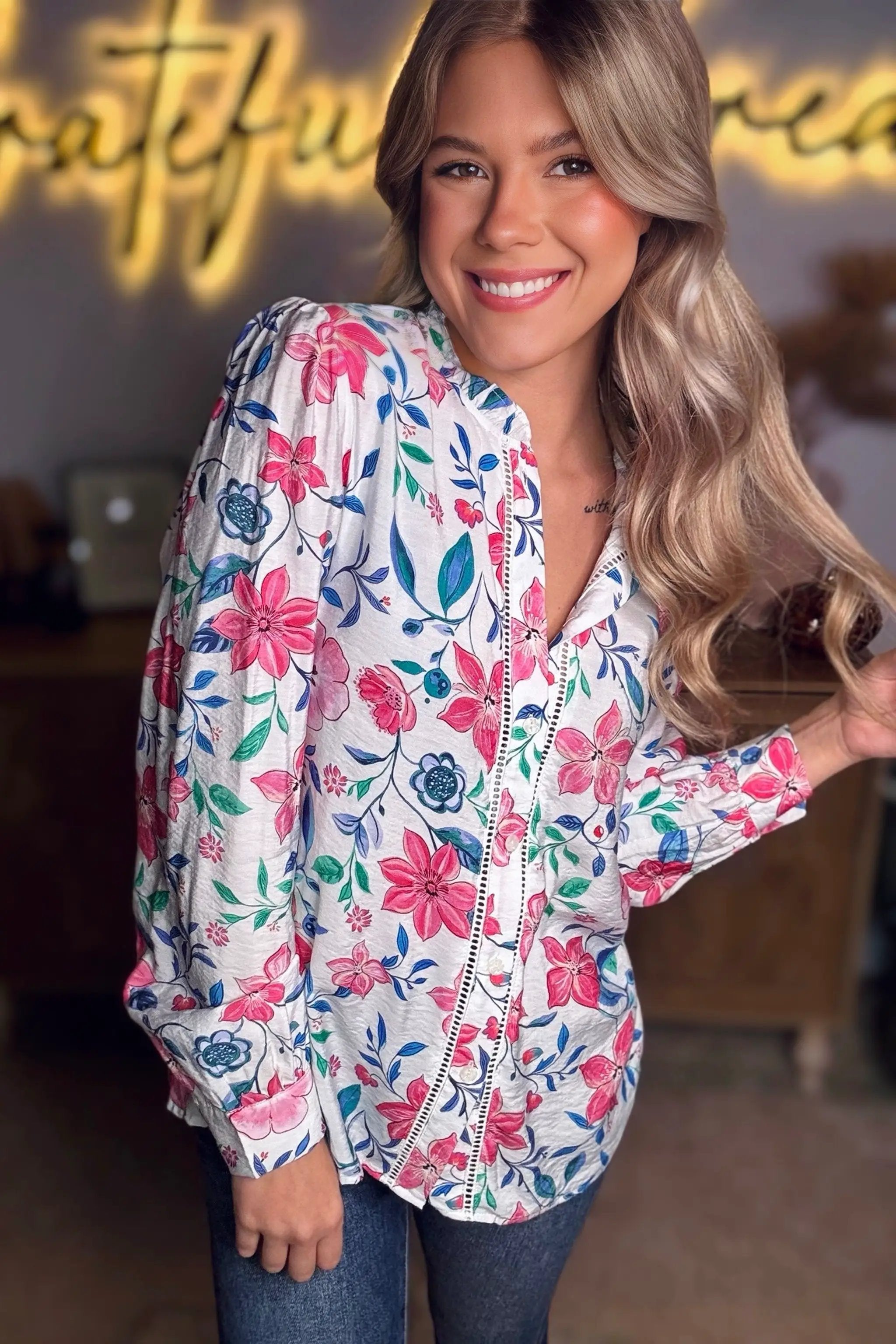 Grateful Threads Boutique Pink Floral Print Lace Detail Button-up Long Sleeve Shirt - Shirts Pink Floral Print Lace Detail Button-up Long Sleeve Shirt