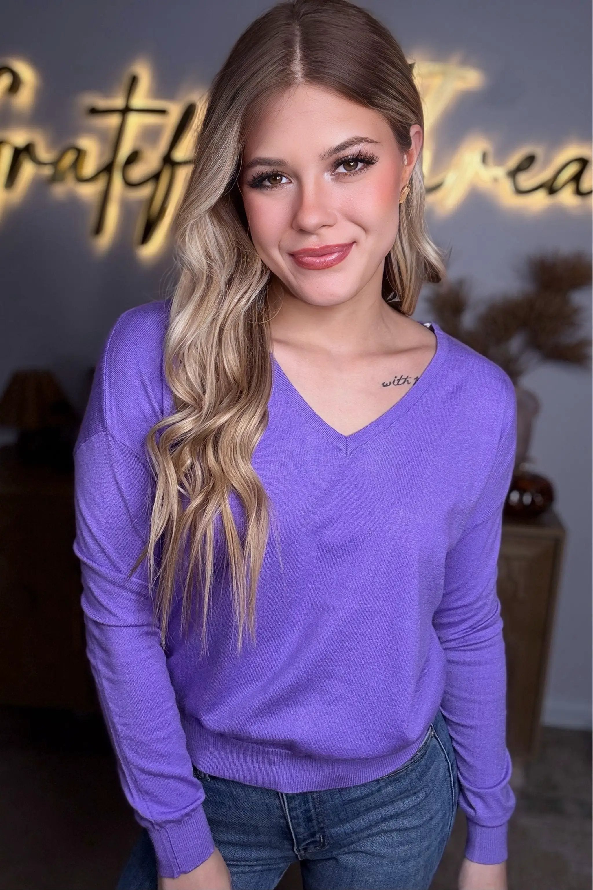 Active Basic | Active USA Purple Cross My Heart V-Neck Sweater - Sweaters Purple V-neck back detailed sweater