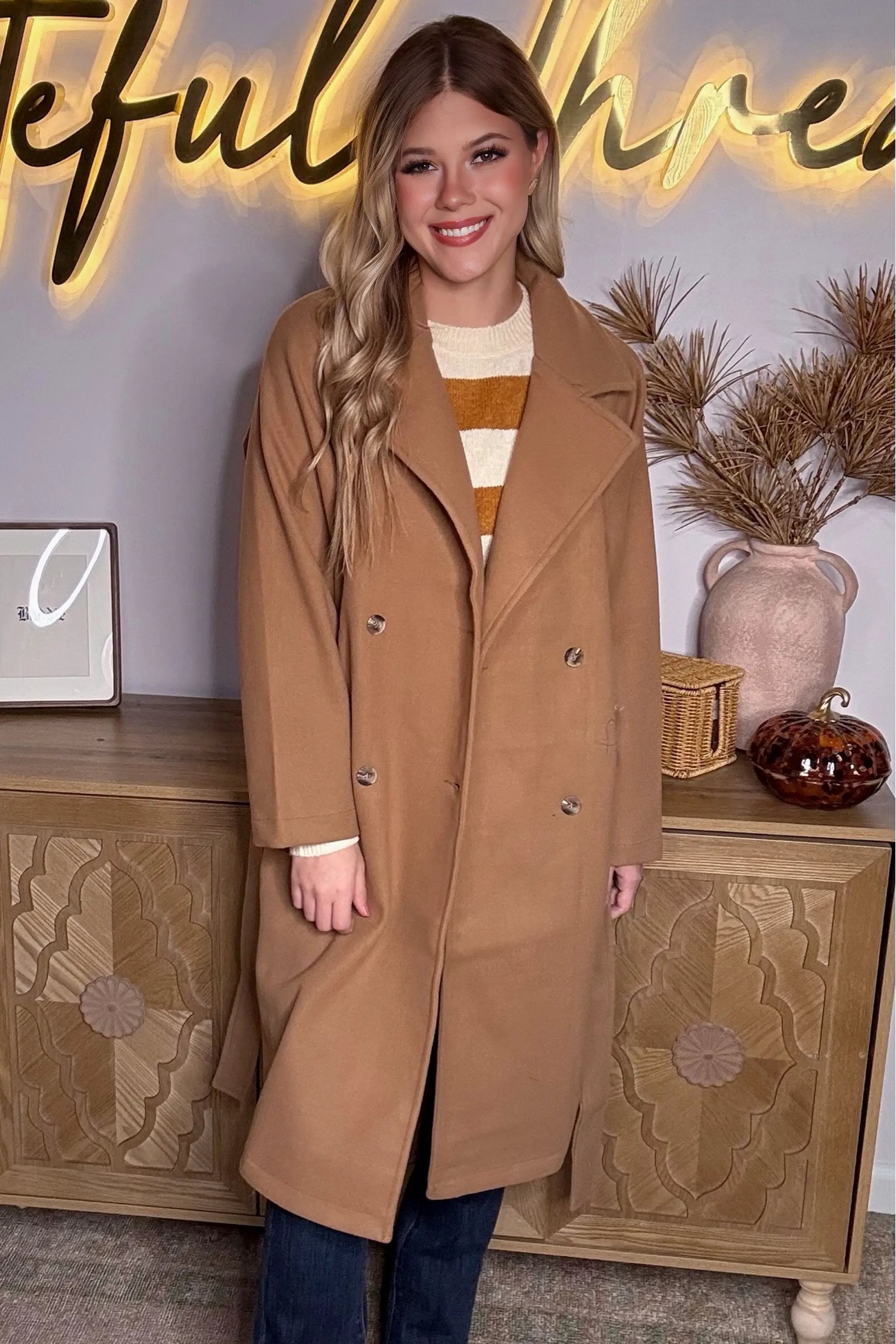 Active Basic | Active USA Active Basic | Active USA - Long Sleeve Double Breasted Button Soft Felt Trench Coat in Camel - Trench Coats Long Sleeve Double Breasted Button Soft Felt Trench Coat