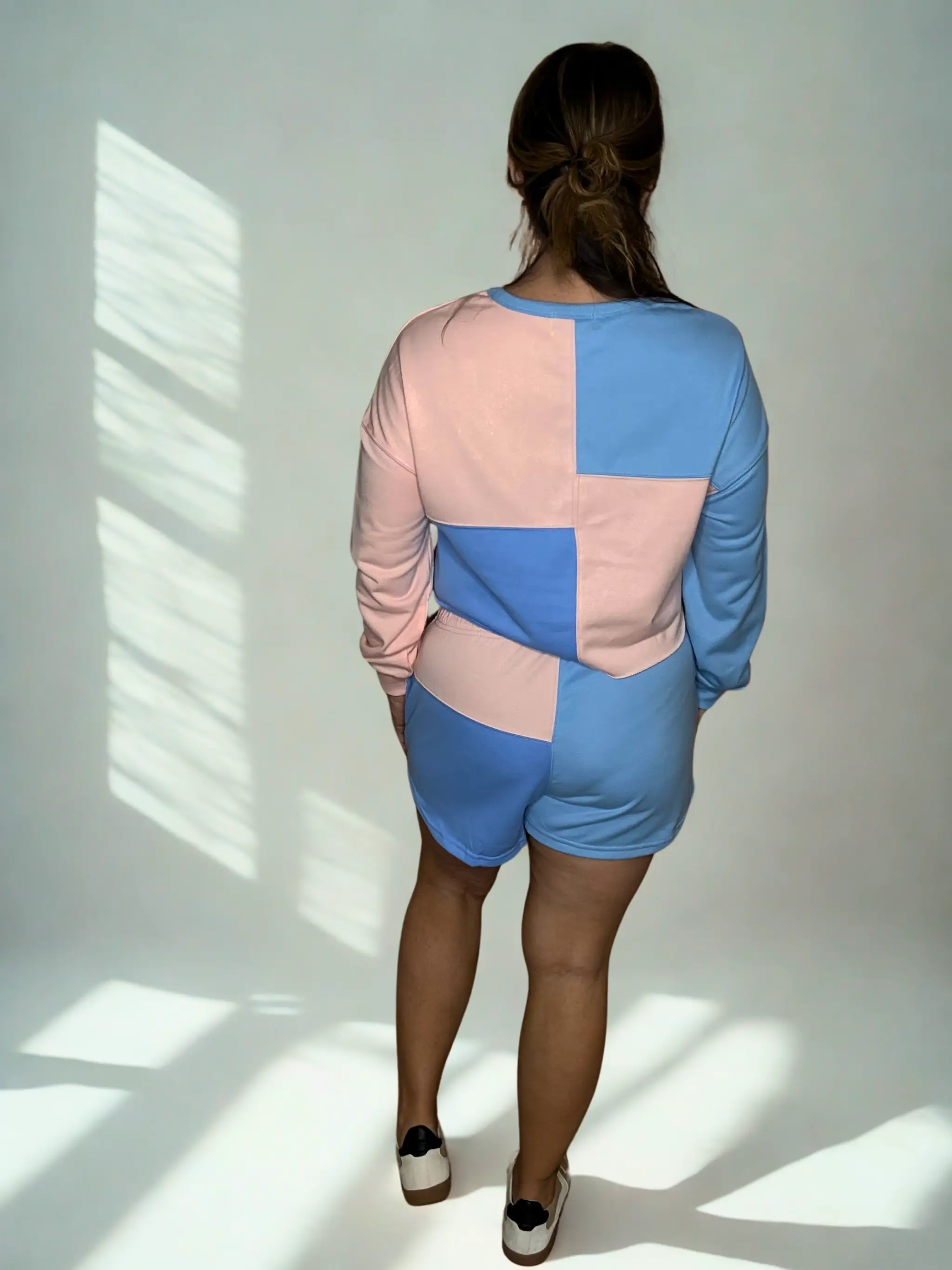 Grateful Threads Boutique Sky Blue Colorblock Patchwork Long Sleeve Shorts Set - Outfit Sets Sky Blue Colorblock Patchwork Long Sleeve Shorts Outfit