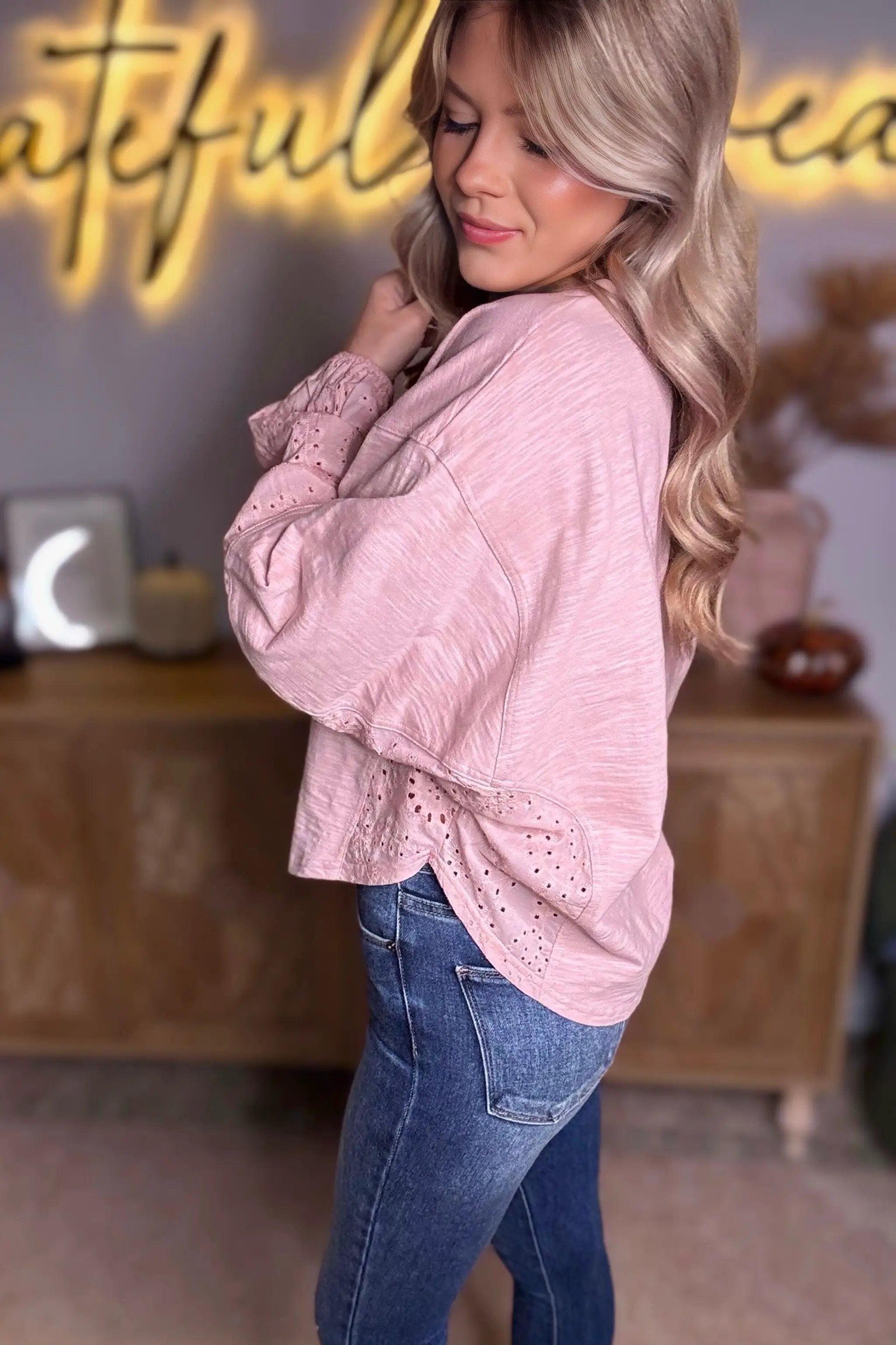 Grateful Threads Boutique Light Pink Keyhole V-Neck Batwing Sleeve Blouse – Trendy Casual Top - Blouses Light Pink Keyhole Notch V Neck Batwing Sleeve Blouse
