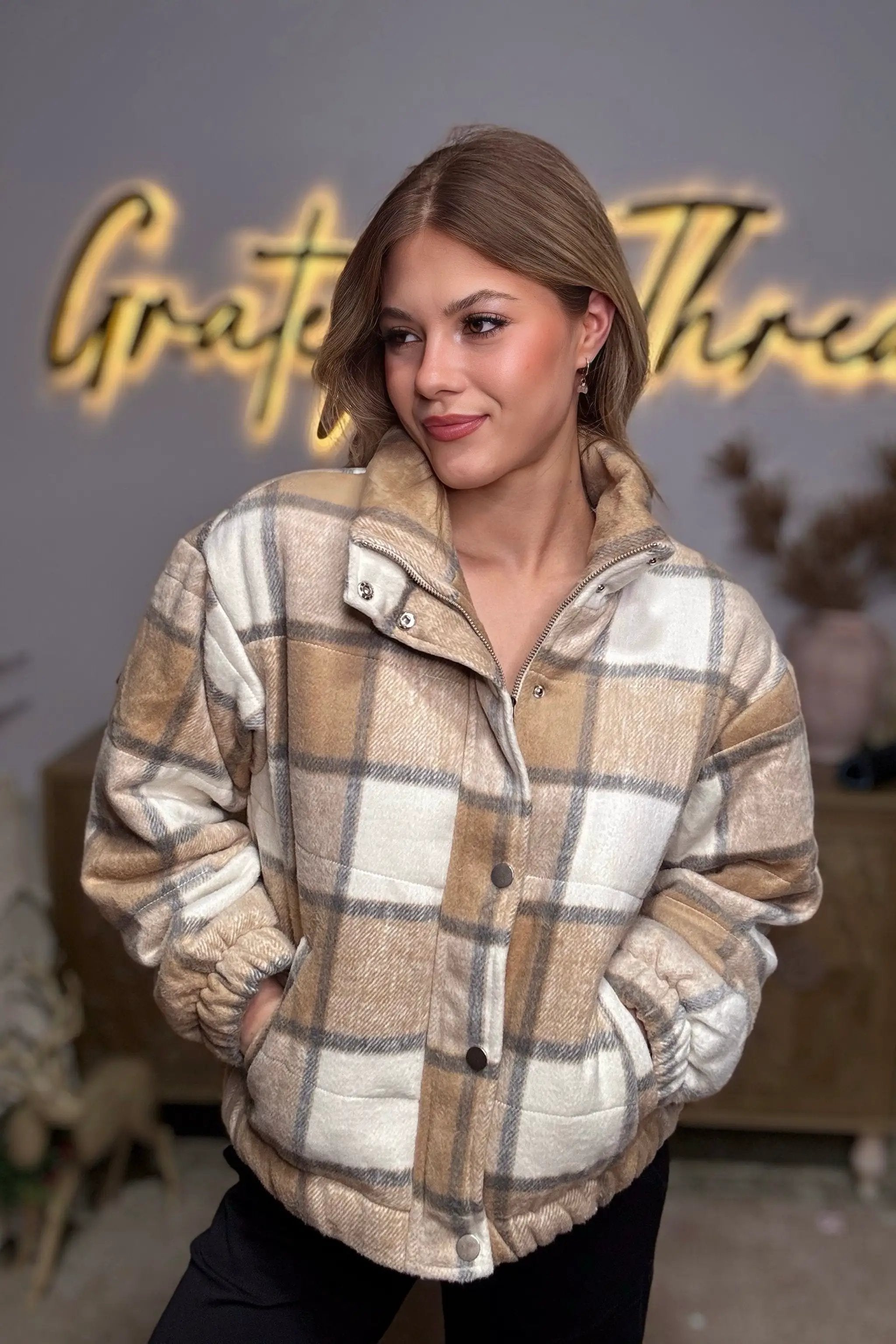 Gilli Plaid Cropped Teddy Jacket - Coats & Jackets