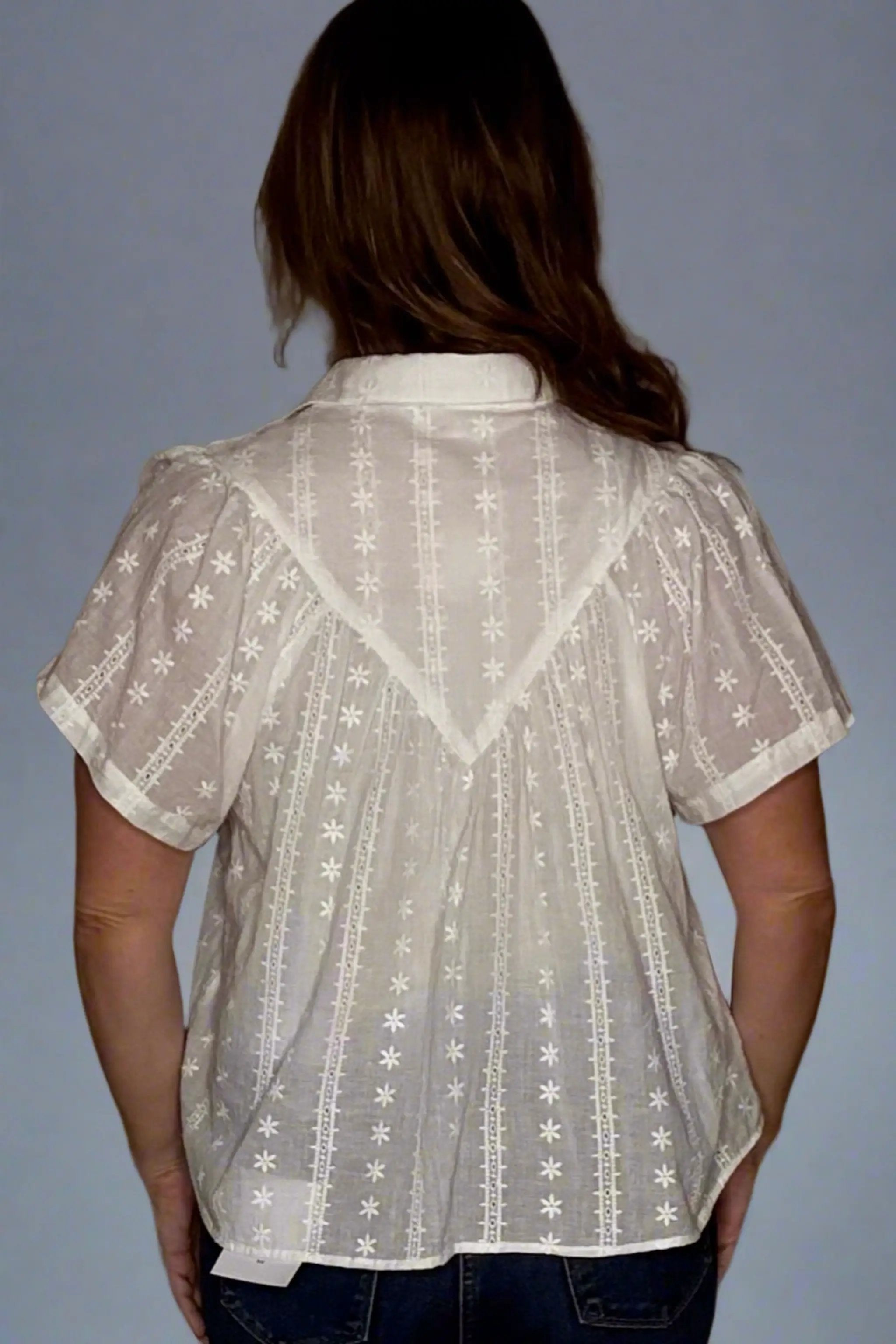 En Crème En Crème White Short Sleeve Lace Button Down Shirt - Shirts white short sleeve lace button down shirt