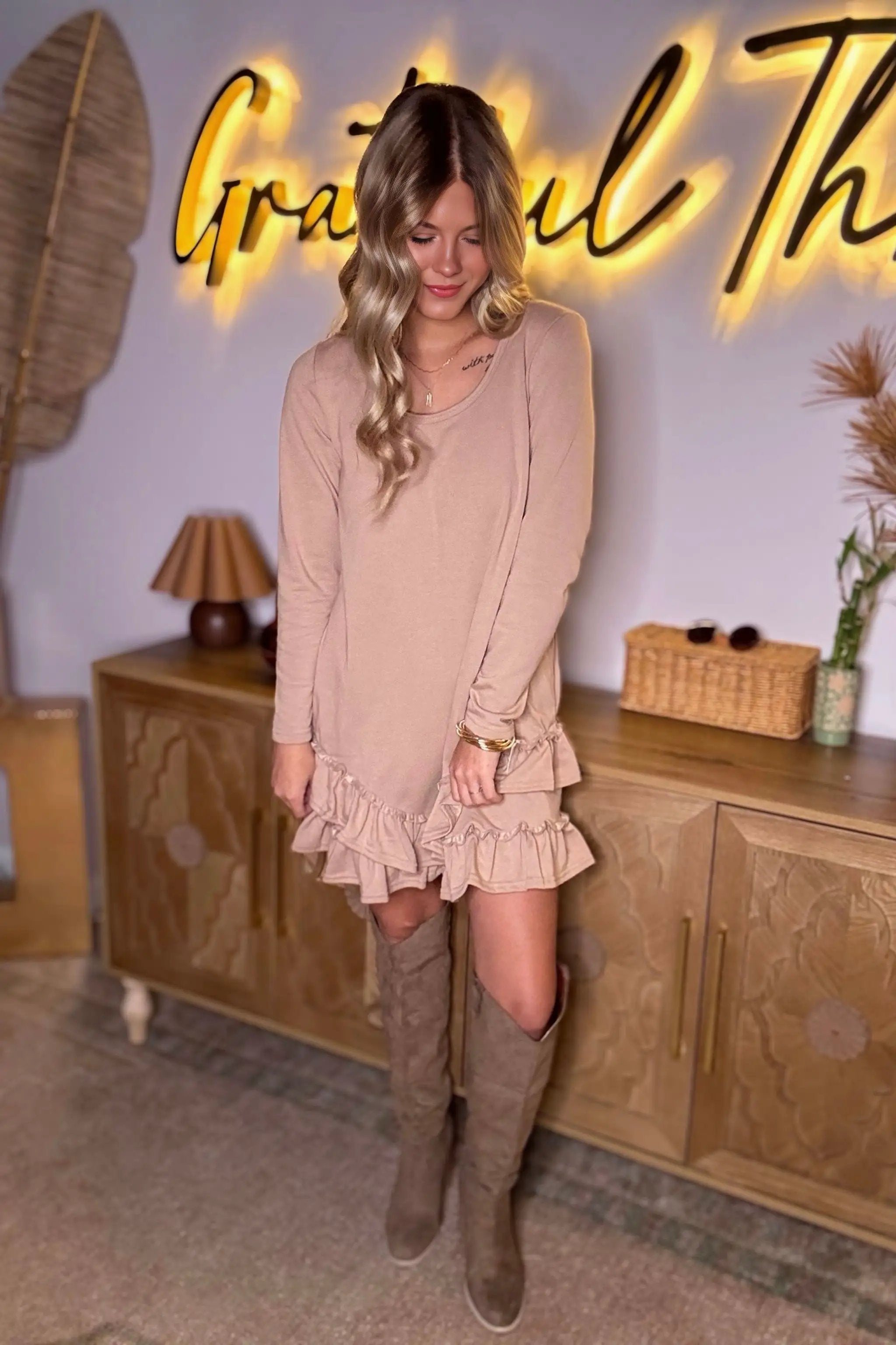 Grateful Threads Boutique Barely Blushing Ruffle Hem Mini Dress - Dresses Goat Scoop Neck Tiered Ruffled Hem Long Sleeve Mini Dress
