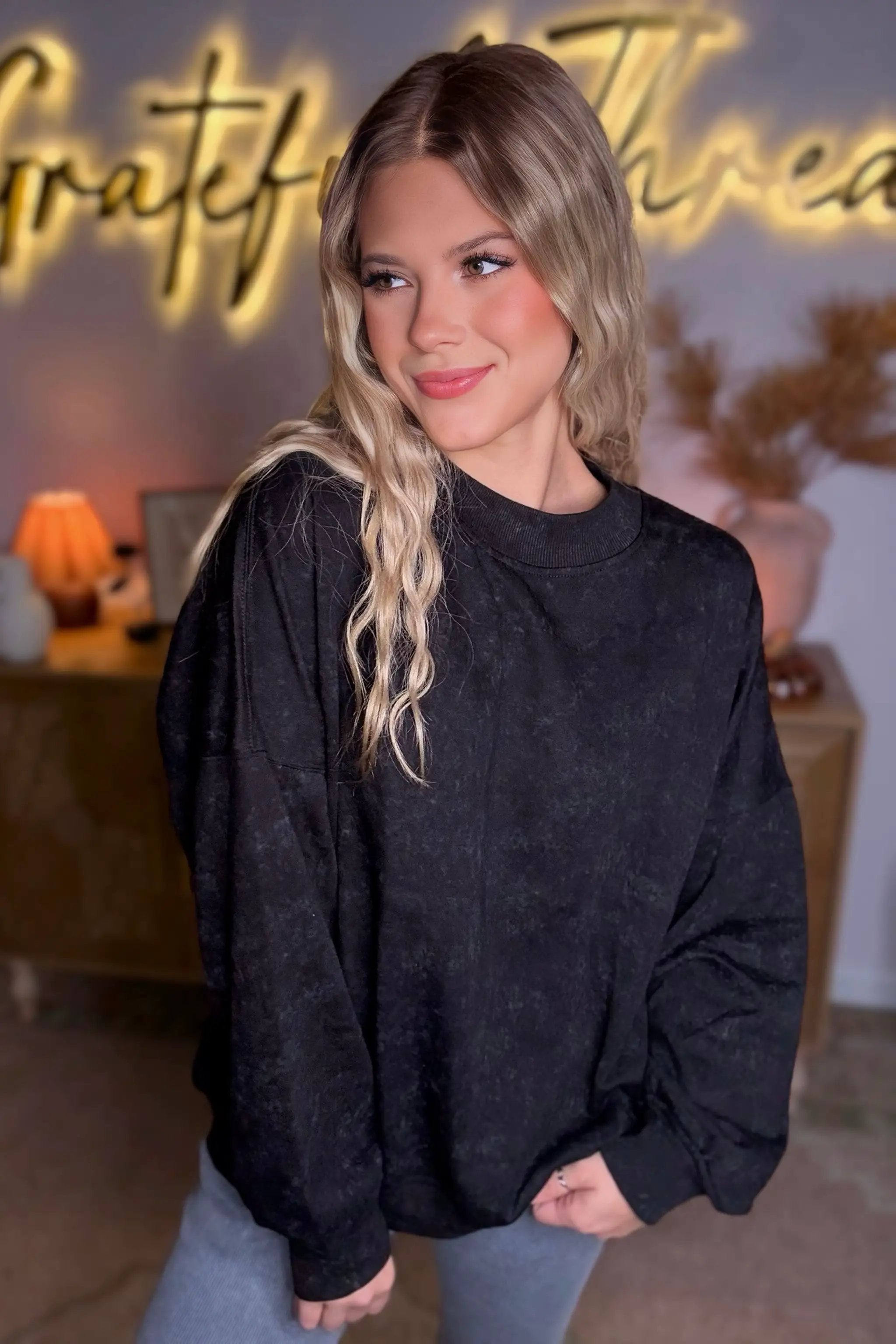 Grateful Threads Boutique Black Drop Shoulder Mineral Wash Crew Neck Pullover Sweatshirt - Sweatshirts Black Drop Shoulder Mineral Wash Crew Neck Pullover Sweatshirt