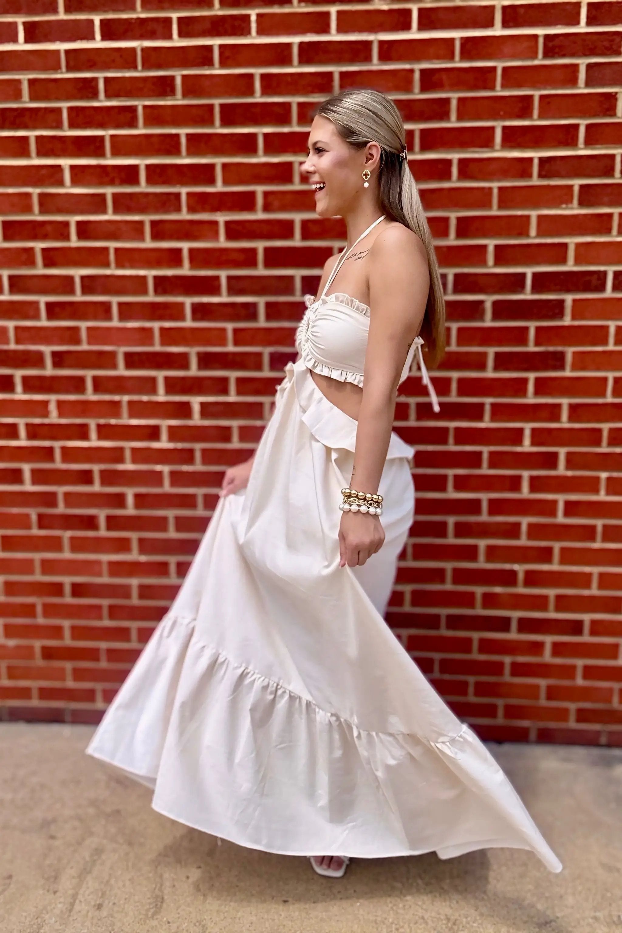 Endless Blu Endless Blu Ivory Cut-Out Ruffled Maxi Halter Dress - One-Pieces