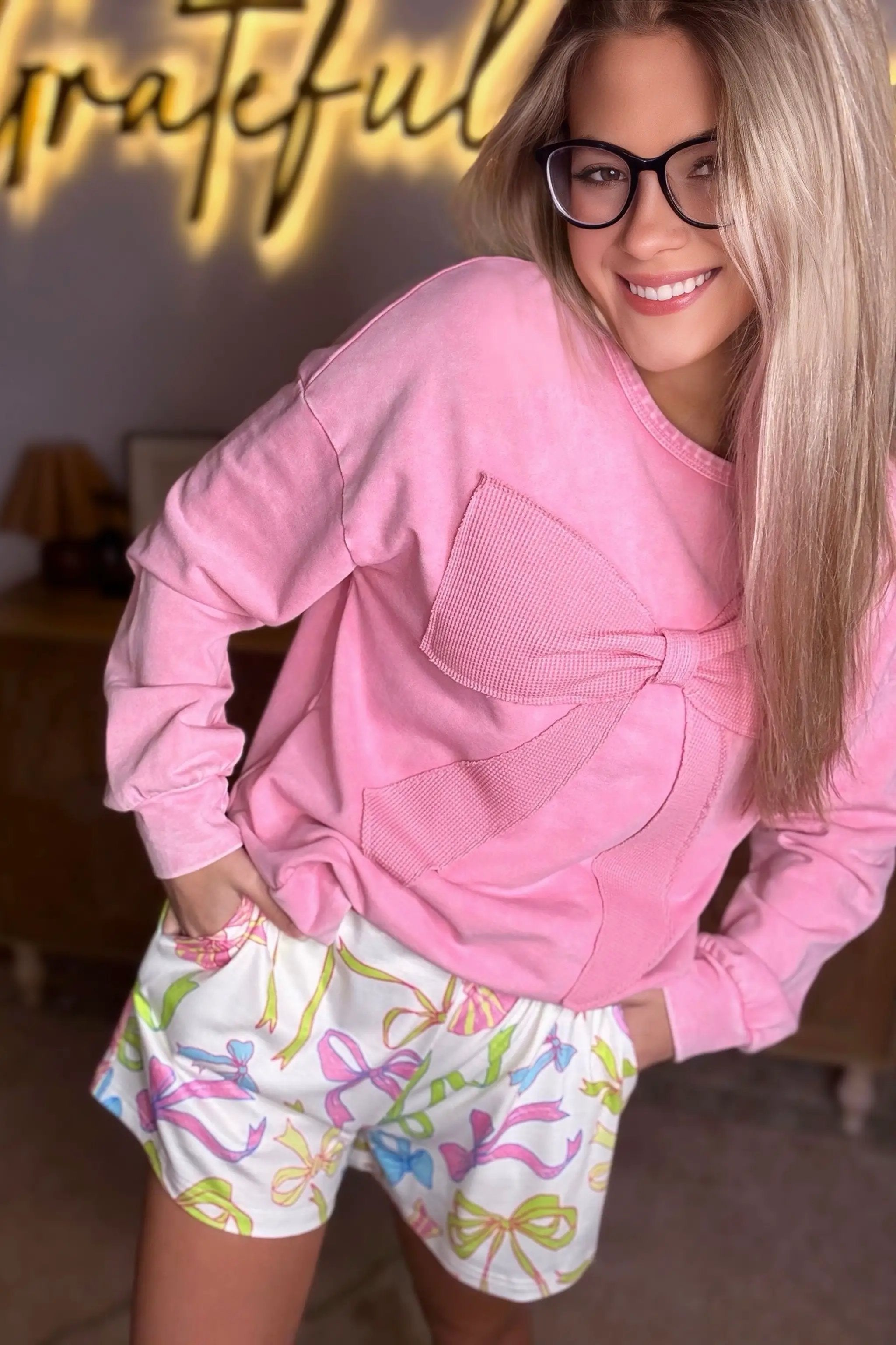 Grateful Threads Boutique Bubblegum Bow Mineral Wash Pullover Sweatshirt - Sweatshirts pink ribbon sweatshirt