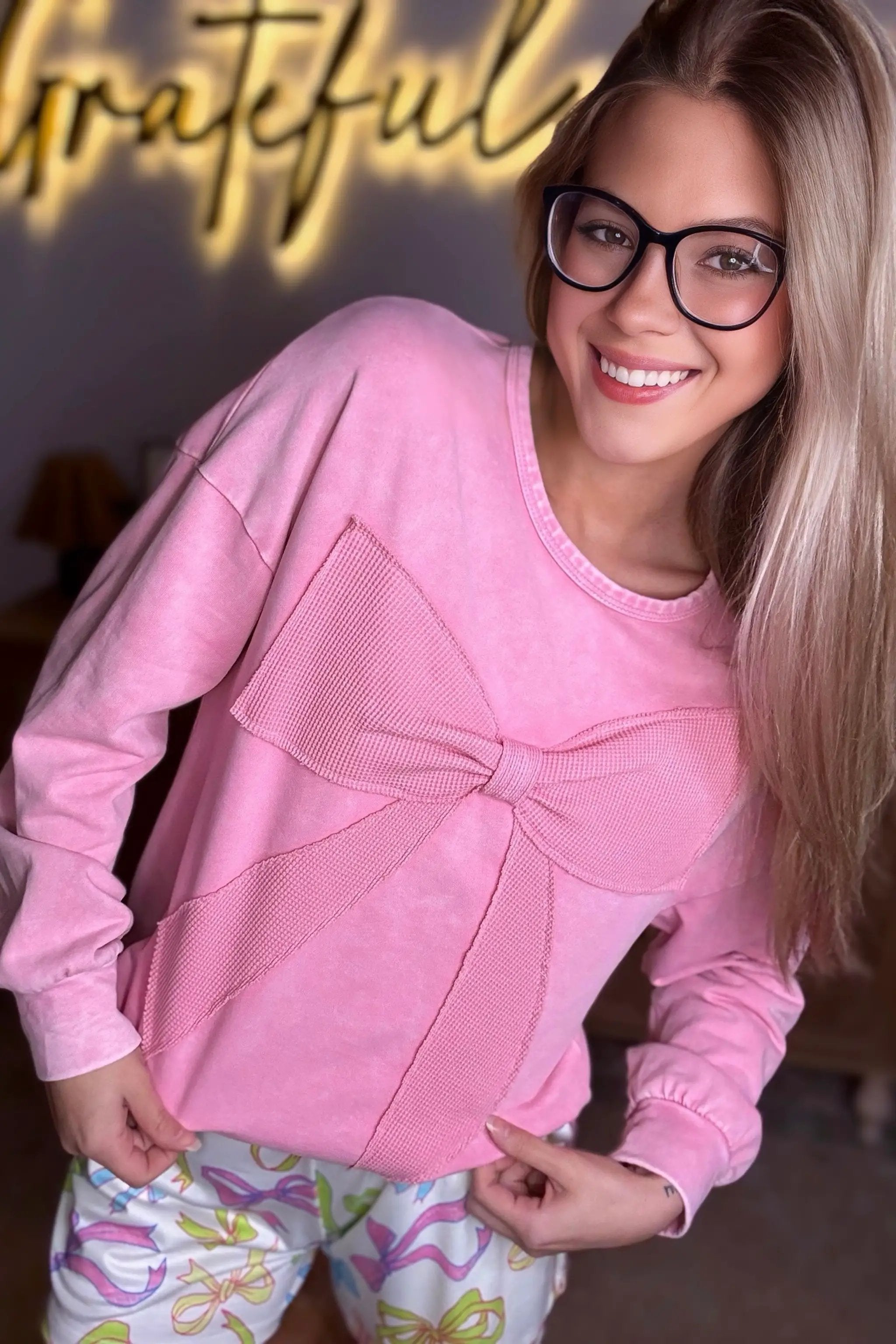 Grateful Threads Boutique Bubblegum Bow Mineral Wash Pullover Sweatshirt - Sweatshirts pink ribbon sweatshirt