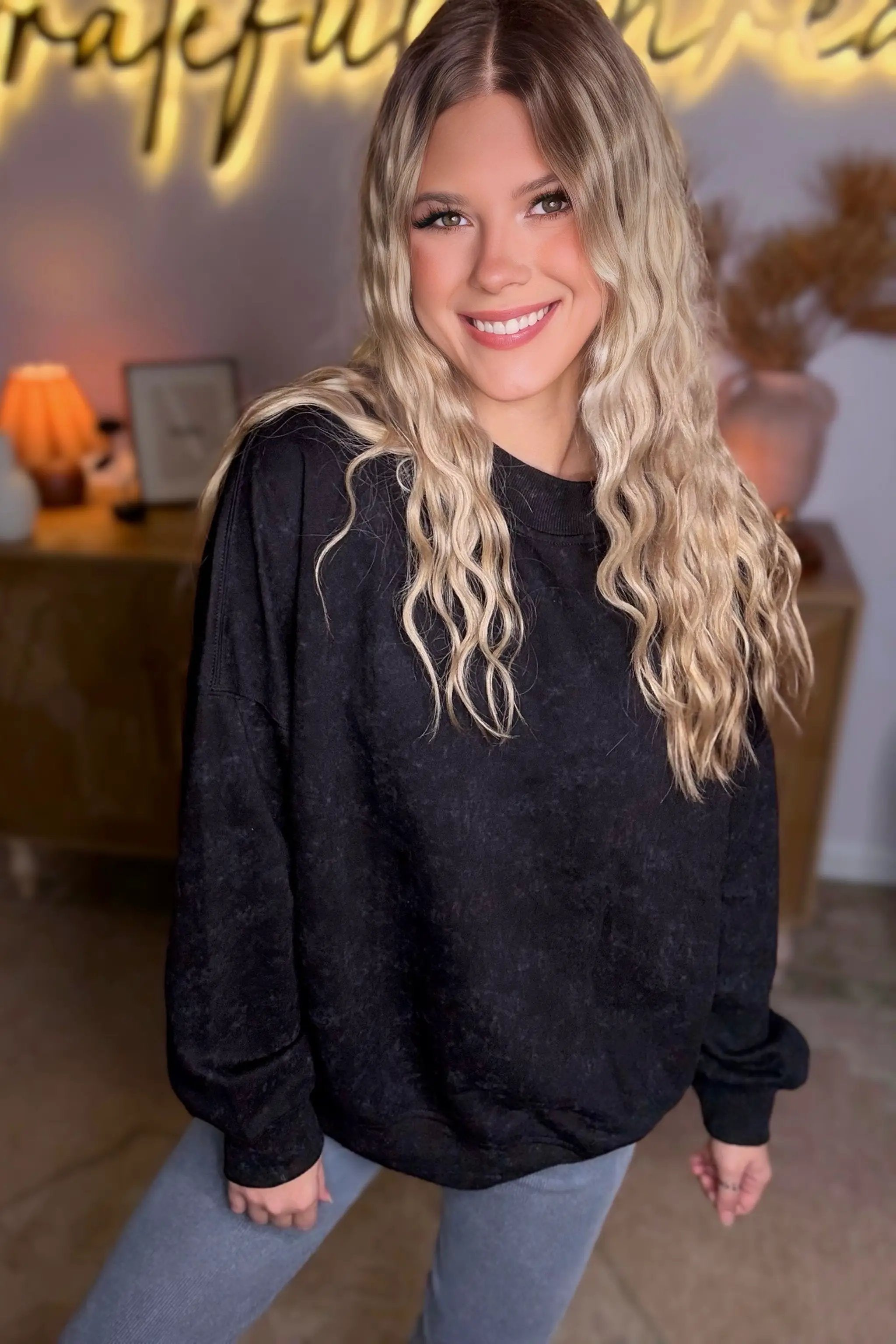 Grateful Threads Boutique Black Drop Shoulder Mineral Wash Crew Neck Pullover Sweatshirt - Sweatshirts Black Drop Shoulder Mineral Wash Crew Neck Pullover Sweatshirt