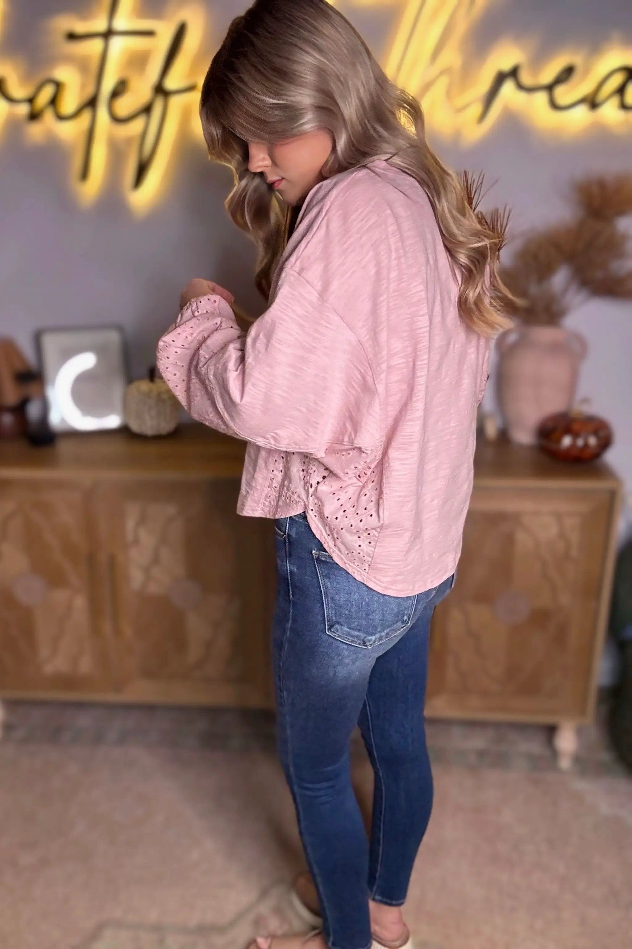 Grateful Threads Boutique Light Pink Keyhole V-Neck Batwing Sleeve Blouse – Trendy Casual Top - Blouses Light Pink Keyhole Notch V Neck Batwing Sleeve Blouse