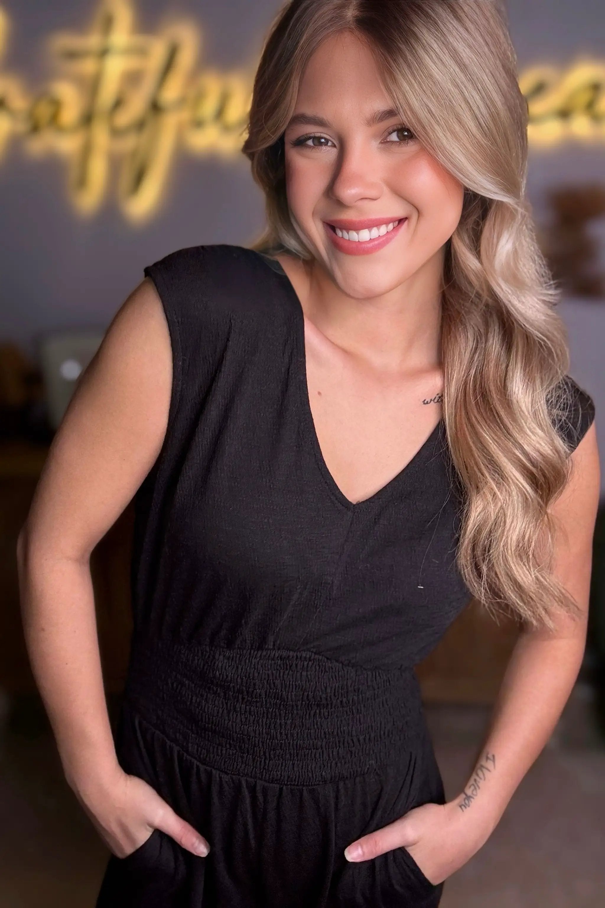 Grateful Threads Boutique Black Shirred High Waist Sleeveless V-Neck Jumpsuit - One-Pieces Black Shirred High Waist Sleeveless V Neck Jumpsuit
