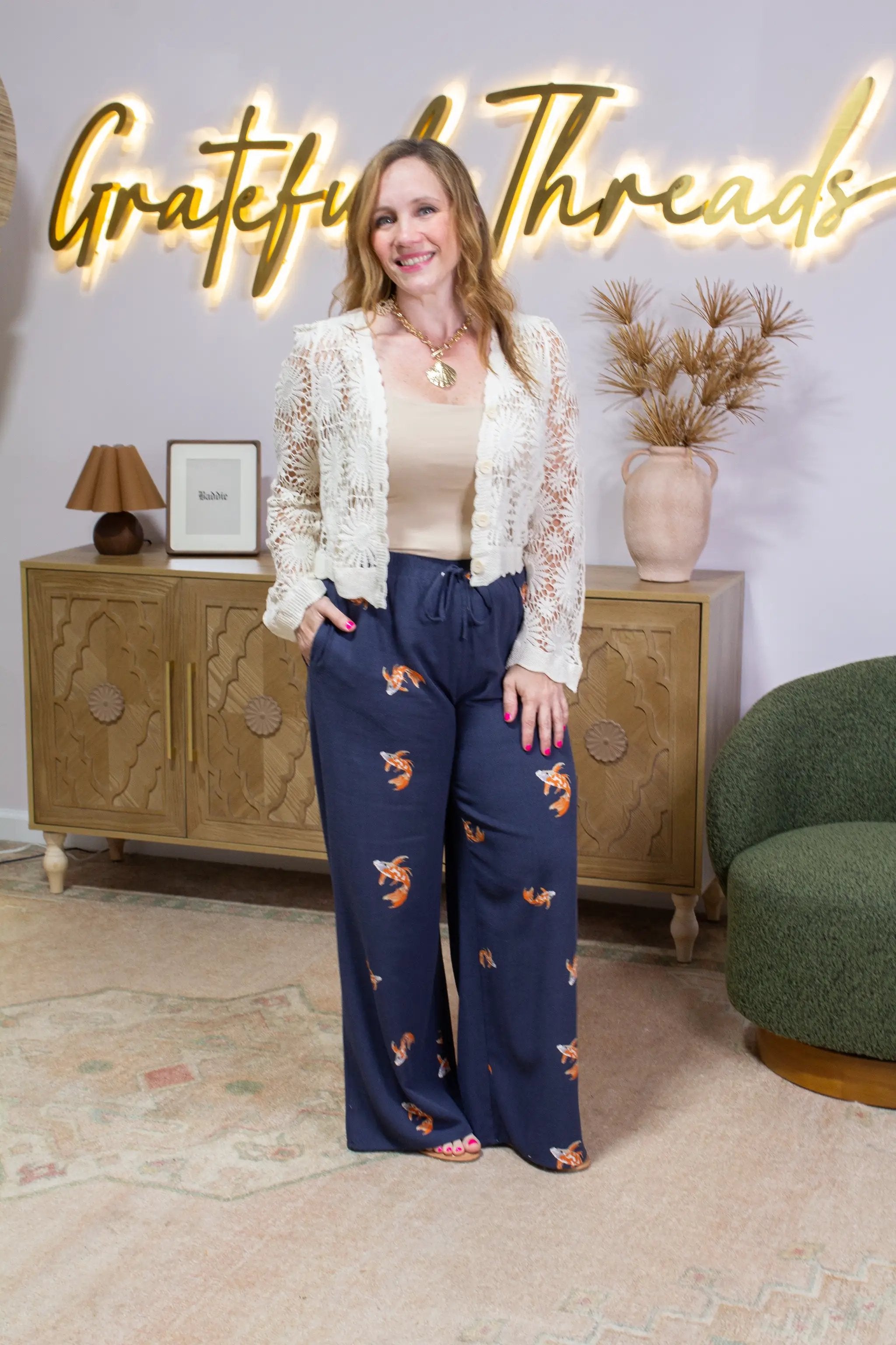 En Crème En Crème Navy & Orange Koi Fish Print Wide Leg Pants - Pants wide leg pants