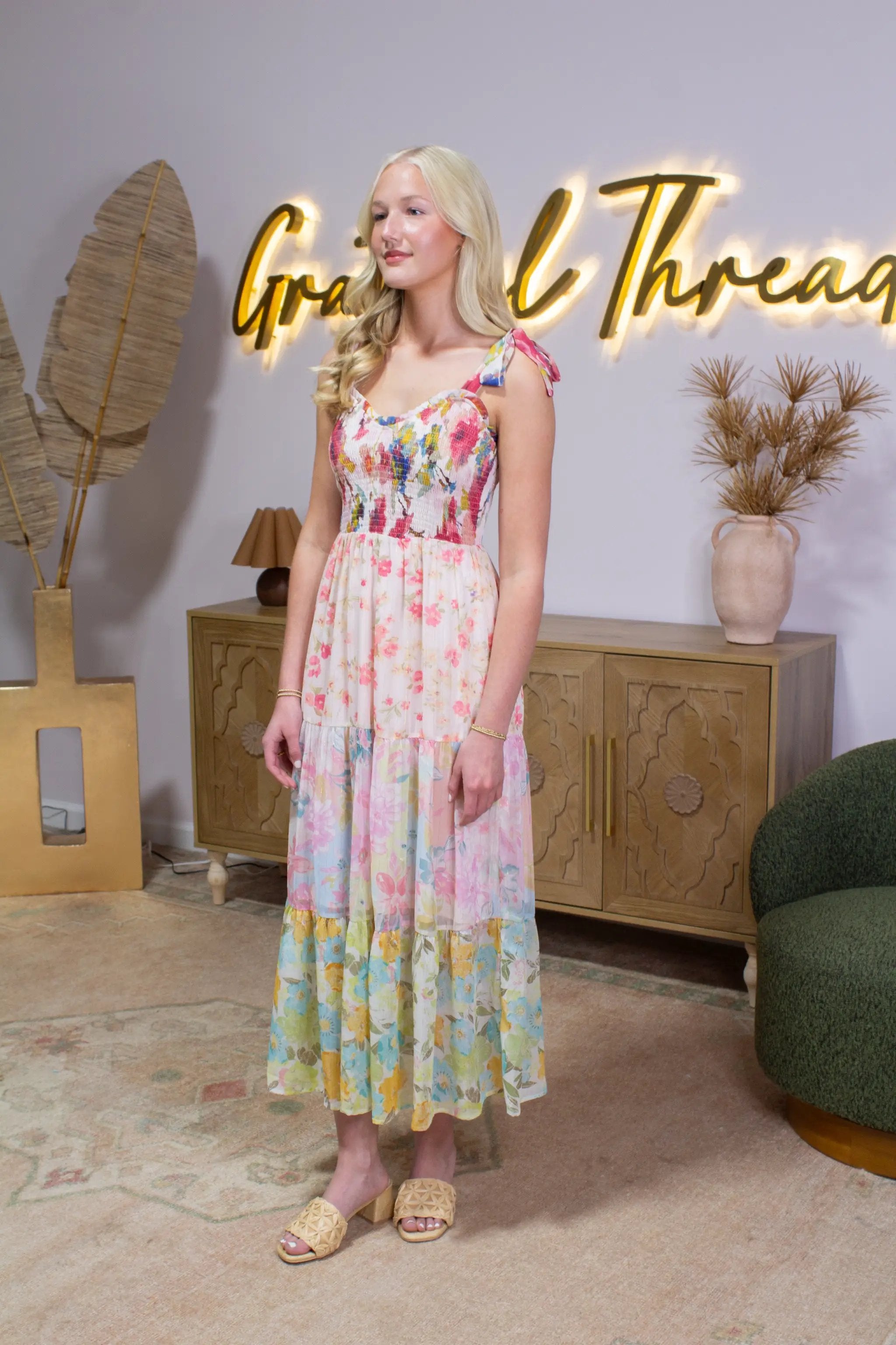 Mystree Mystree Rose Mix Strap Tied Smocked Top Tiered Long Dress - Dresses