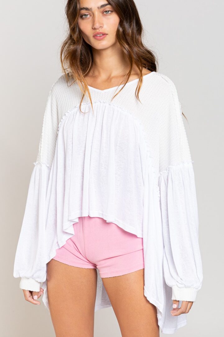 White waffle knit tunic top with shorts.