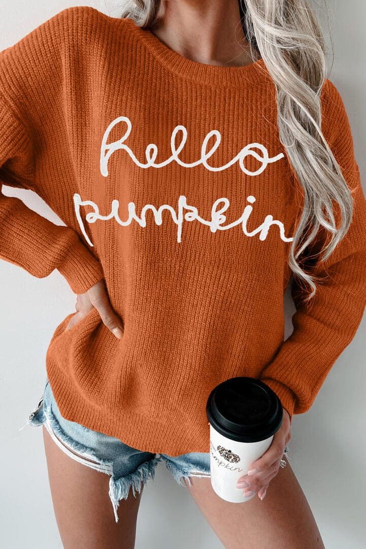 Here's an alt tag for the image: Orange "Hello Pumpkin" sweater.