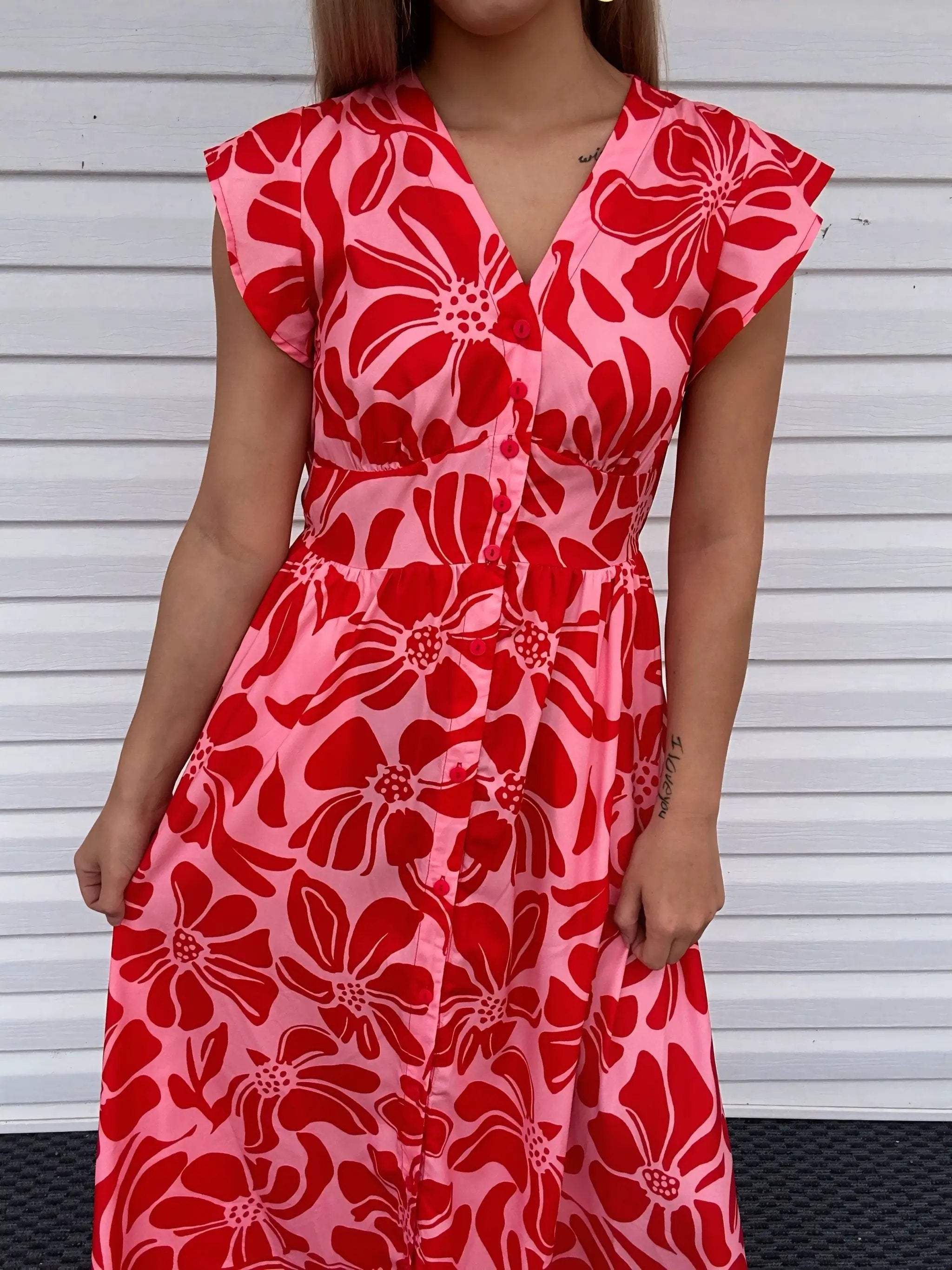 Grateful Threads Boutique Red Boho Floral Short Sleeve V-Neck Buttoned Shirred Waist Long Dress - Dresses Red Boho Floral Short Sleeve V Neck Buttoned Shirred Waist Long Dress