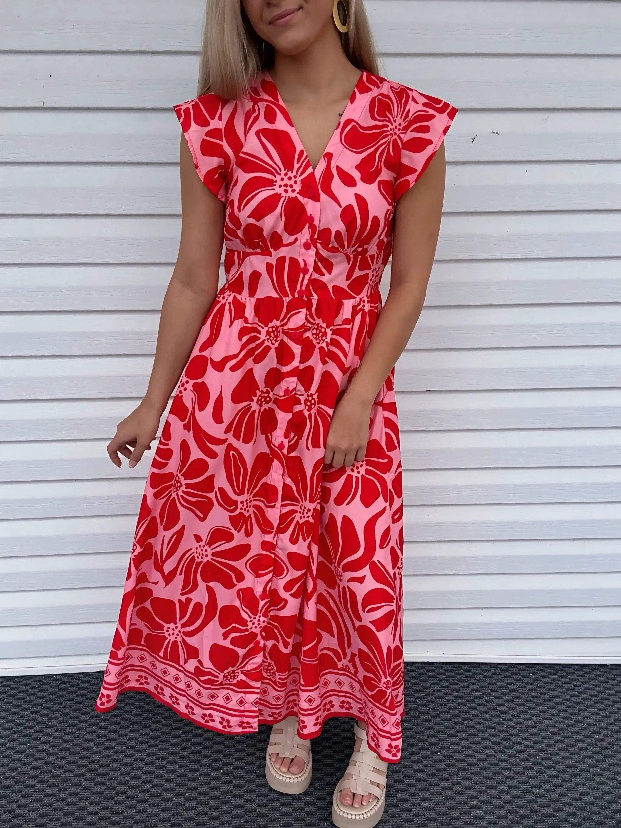 Grateful Threads Boutique Red Boho Floral Short Sleeve V-Neck Buttoned Shirred Waist Long Dress - Dresses Red Boho Floral Short Sleeve V Neck Buttoned Shirred Waist Long Dress