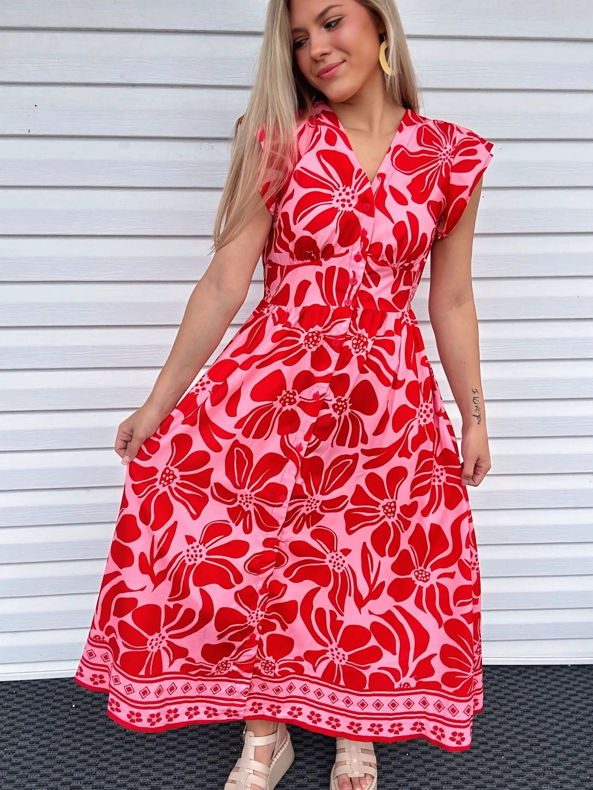 Grateful Threads Boutique Red Boho Floral Short Sleeve V-Neck Buttoned Shirred Waist Long Dress - Dresses Red Boho Floral Short Sleeve V Neck Buttoned Shirred Waist Long Dress