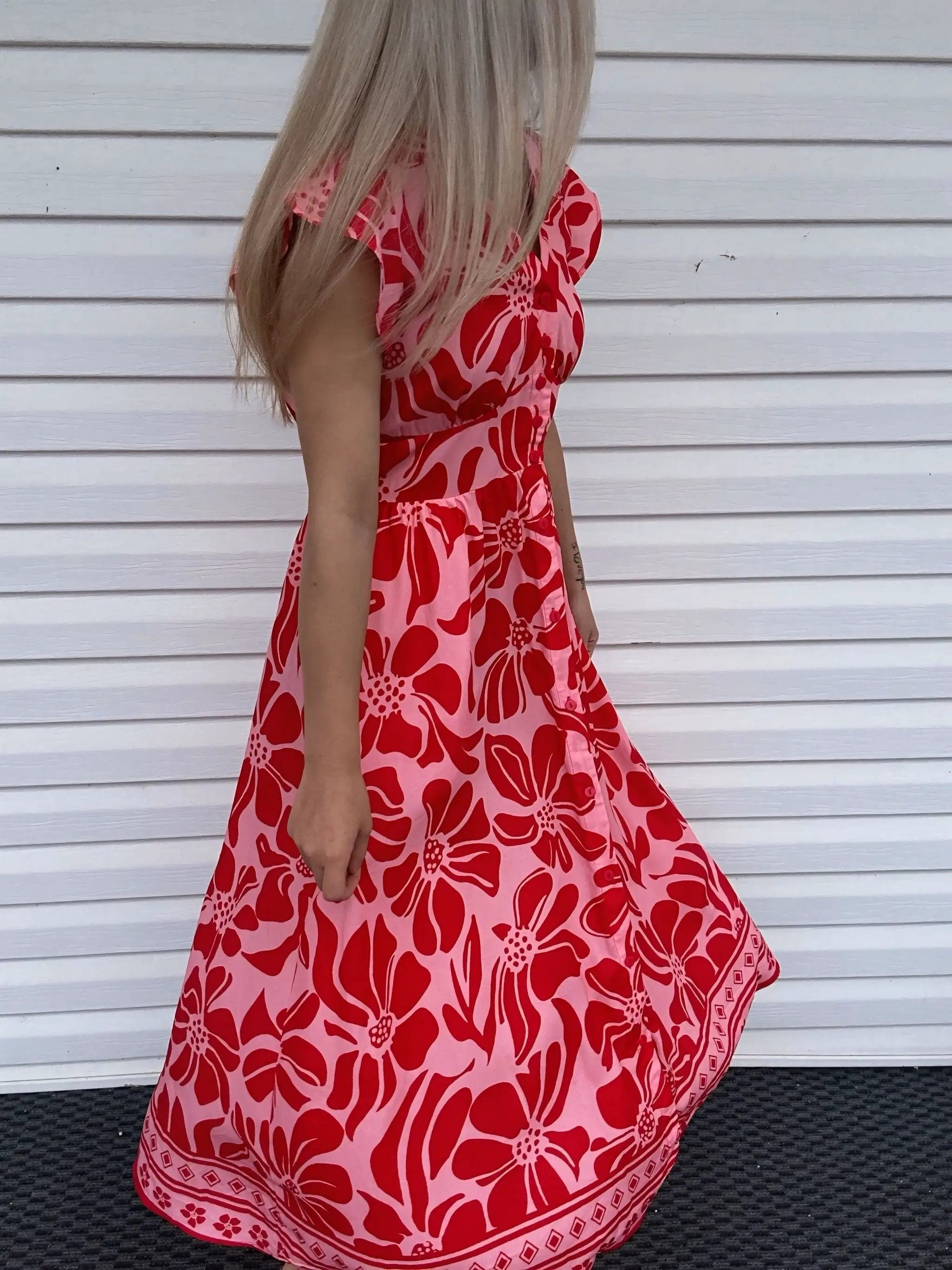 Grateful Threads Boutique Red Boho Floral Short Sleeve V-Neck Buttoned Shirred Waist Long Dress - Dresses Red Boho Floral Short Sleeve V Neck Buttoned Shirred Waist Long Dress