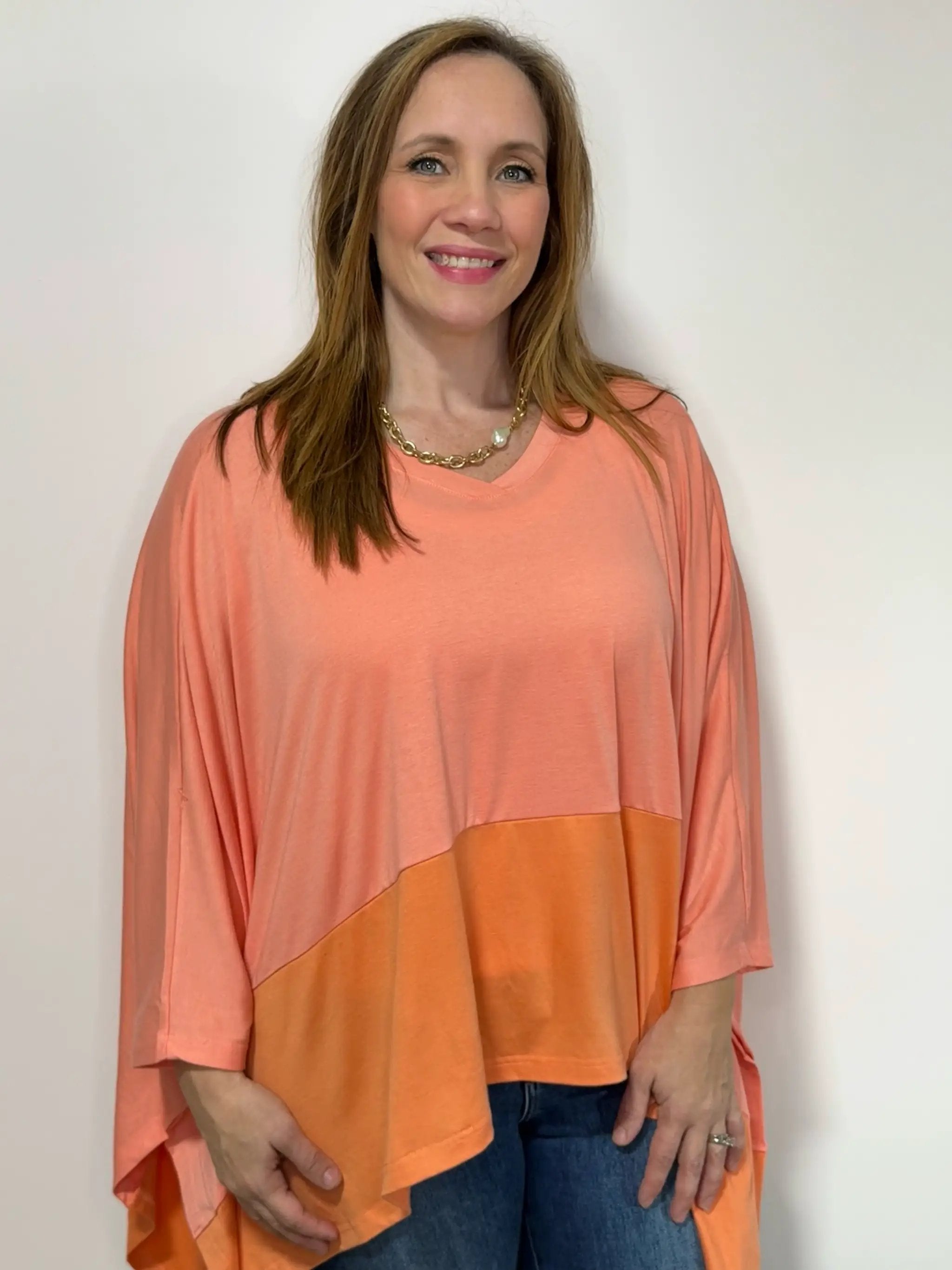 Grateful Threads Boutique Grapefruit Orange Contrast Color Patchwork Oversized Side Split Top - Clothing Tops