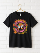 ZZ Threadz Pink Nirvana Graphic Tee, Rock & Roll Collection, black T-shirt with pink circular design and roses