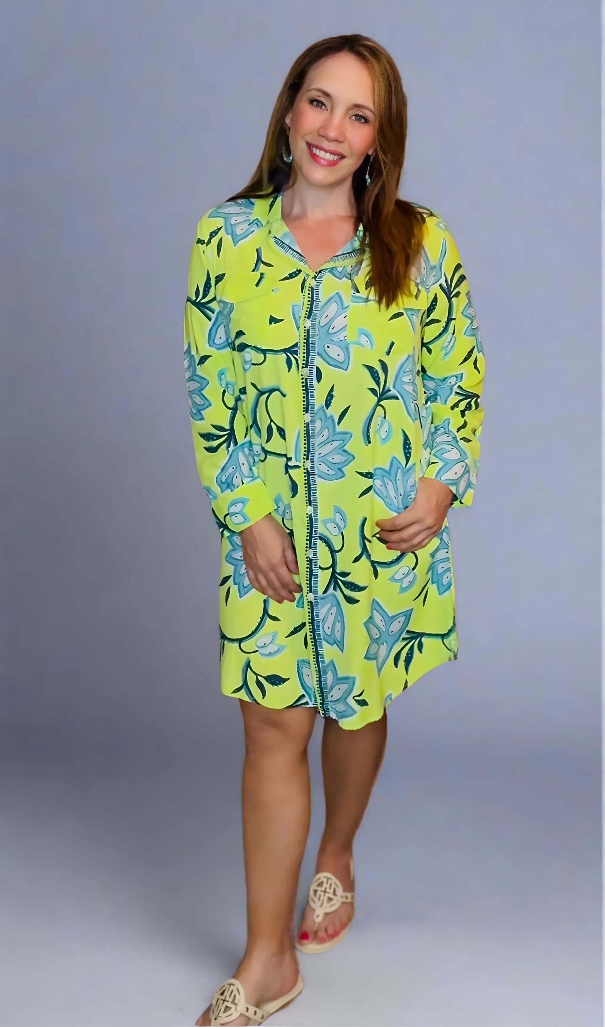 Avani Del Amour Avani Del Amour Lime Green Dancing Flower Long Sleeve Missy Shirt Dress - Dresses
