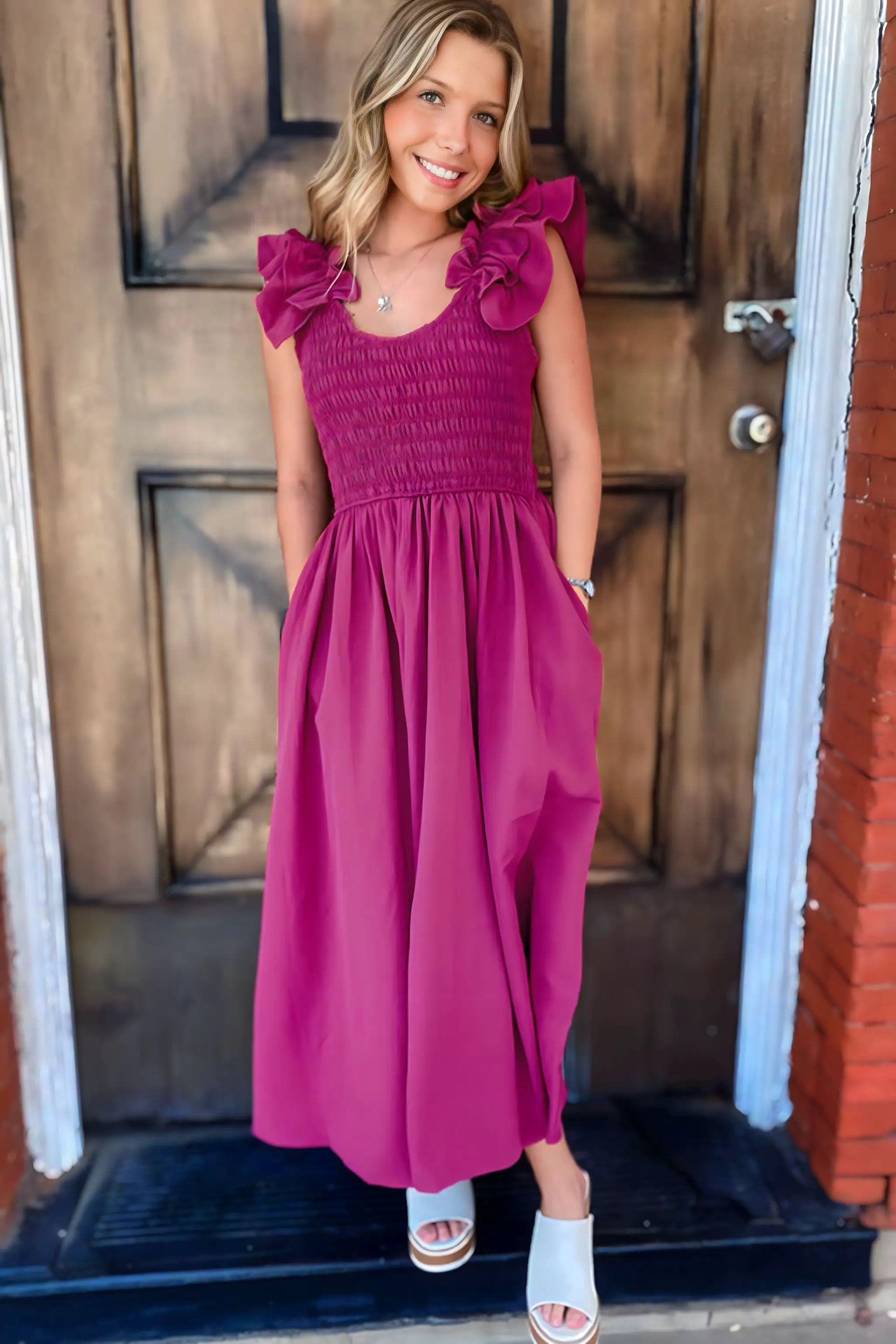 Grateful Threads Boutique Rose Red Solid Color Ruffled Straps Smocked Ruched Maxi Dress - Dresses Rose Red Solid Color Ruffled Straps Smocked Ruched Maxi Dress