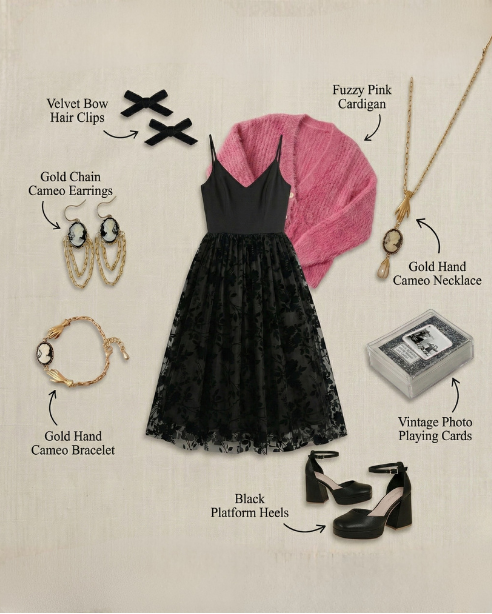The Social Life outfit set by Grateful Threads Boutique: black lace dress with pink fuzzy cardigan and gold accessories