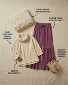 The Relaxed Luxury loungewear set, 5-item by Grateful Threads Boutique: beige sherpa sweater, purple tiered pants.