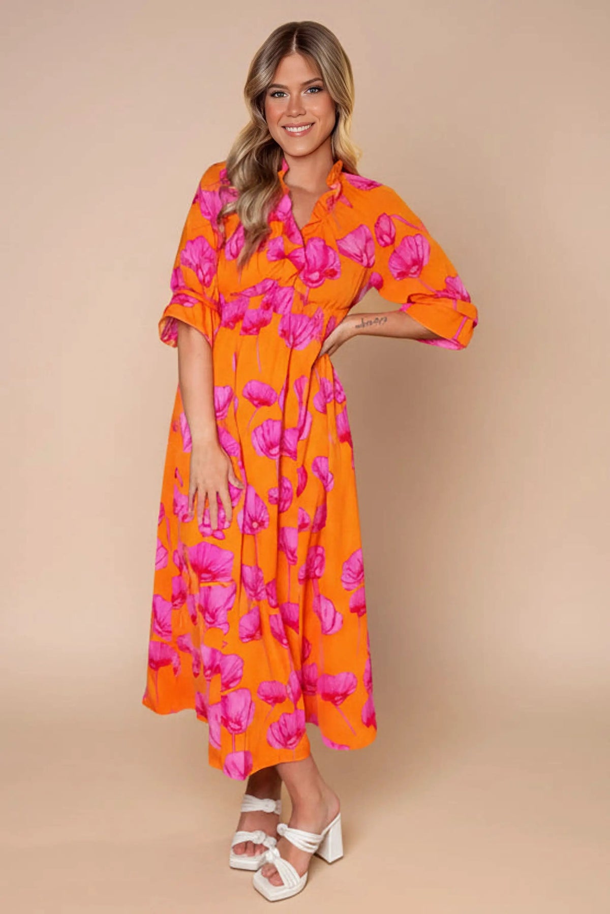 Grateful Threads Boutique Orange Floral Print Frilly Smocked V Neck 3/4 Sleeve Long Dress - Dresses Orange Floral Print Frilly Smocked V Neck 3/4 Sleeve Long Dress