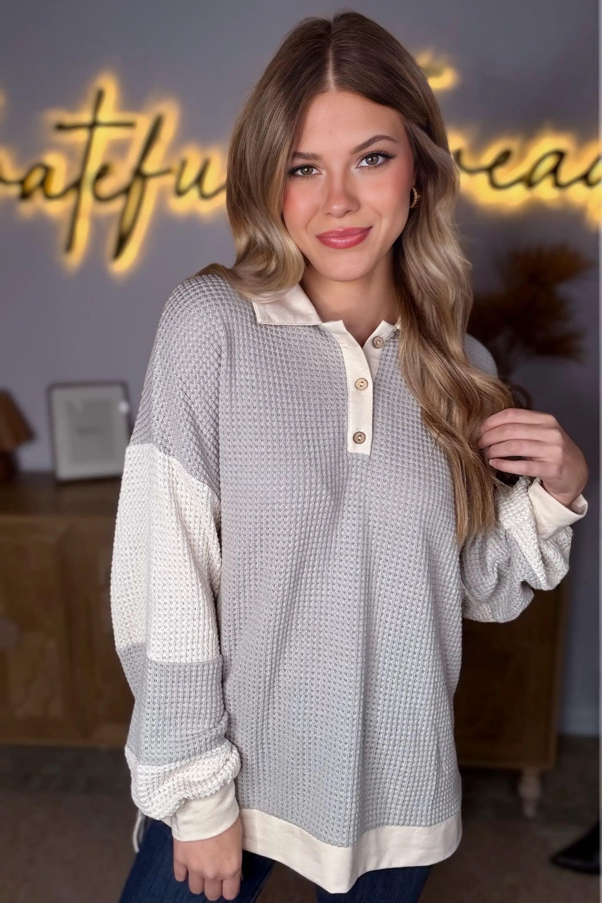 Grateful Threads Boutique Khaki Textured Colorblock Collared Henley Top - Shirts Khaki Textured Colorblock Collared Henley Top