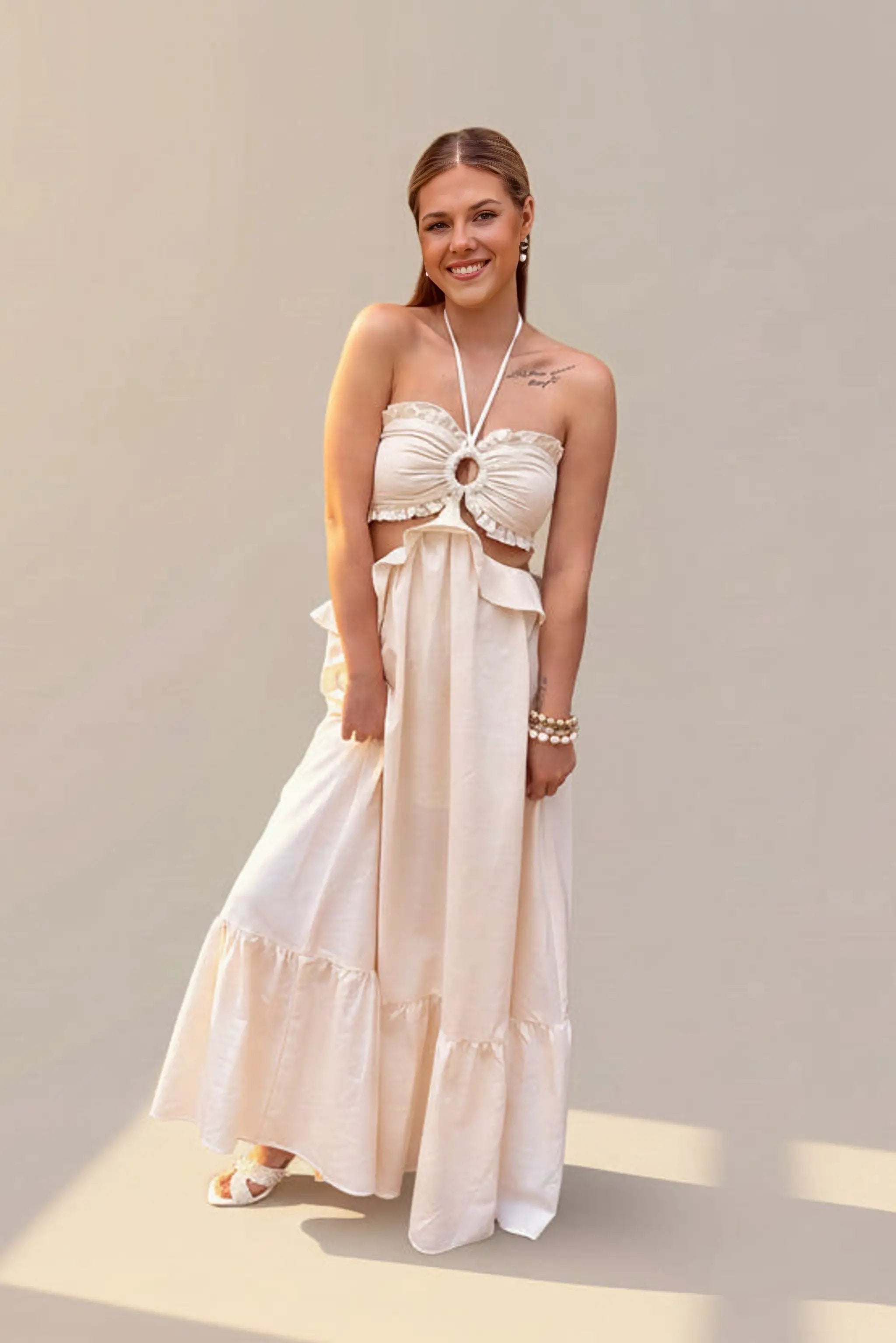 Endless Blu Endless Blu Ivory Cut-Out Ruffled Maxi Halter Dress - One-Pieces