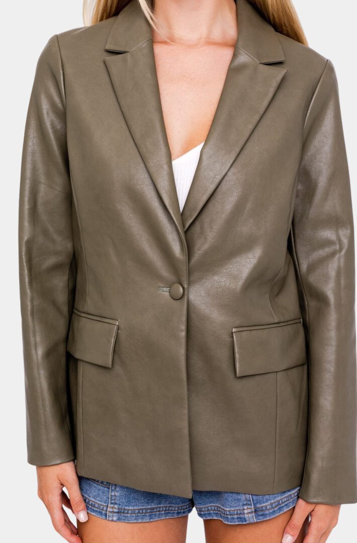 Olive green faux leather blazer jacket.