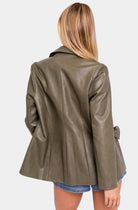 Olive green faux leather blazer, back view.