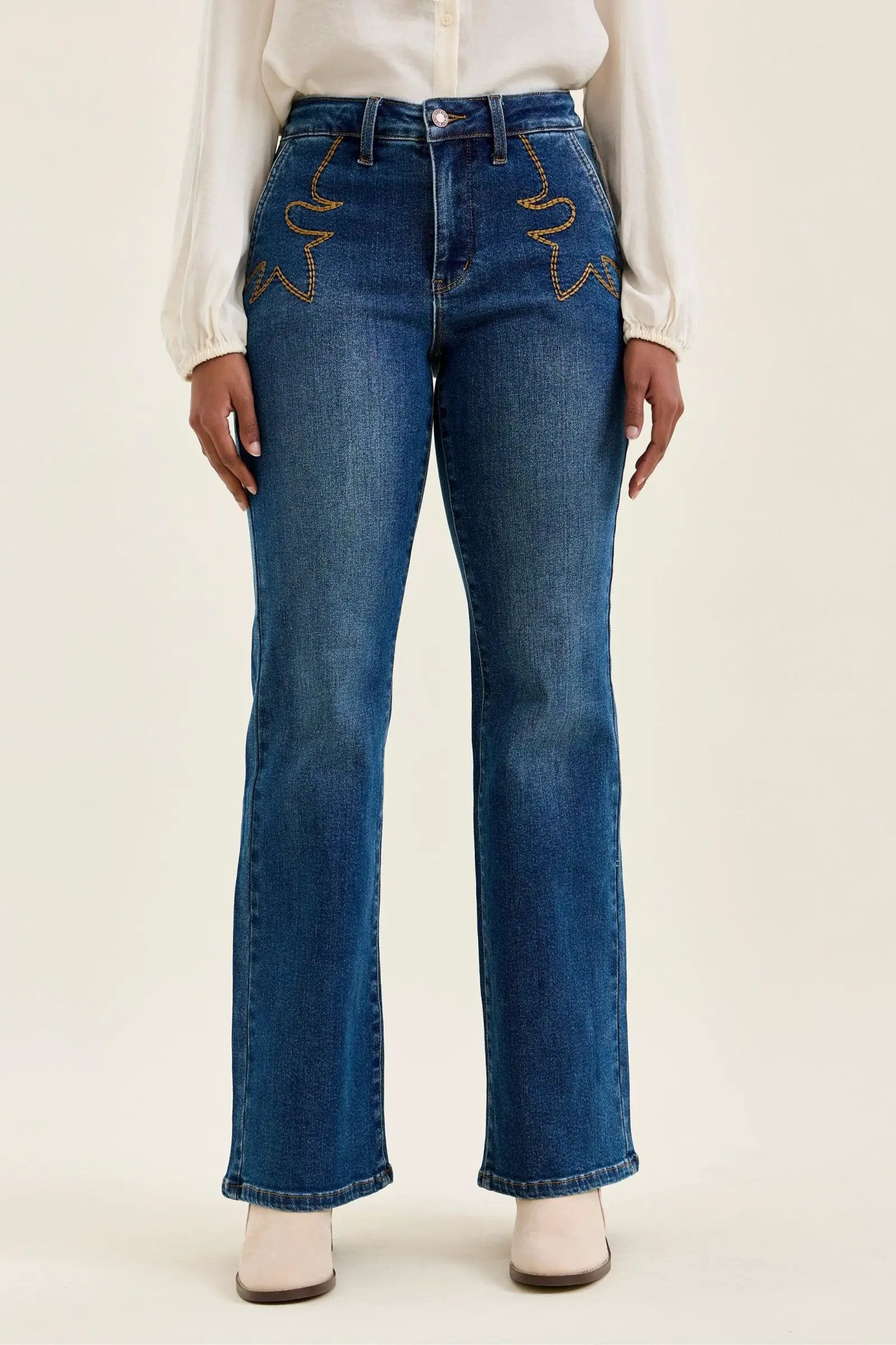 Judy Blue Daisy mid-rise tummy-control bootcut jeans with Western stitching in blue denim