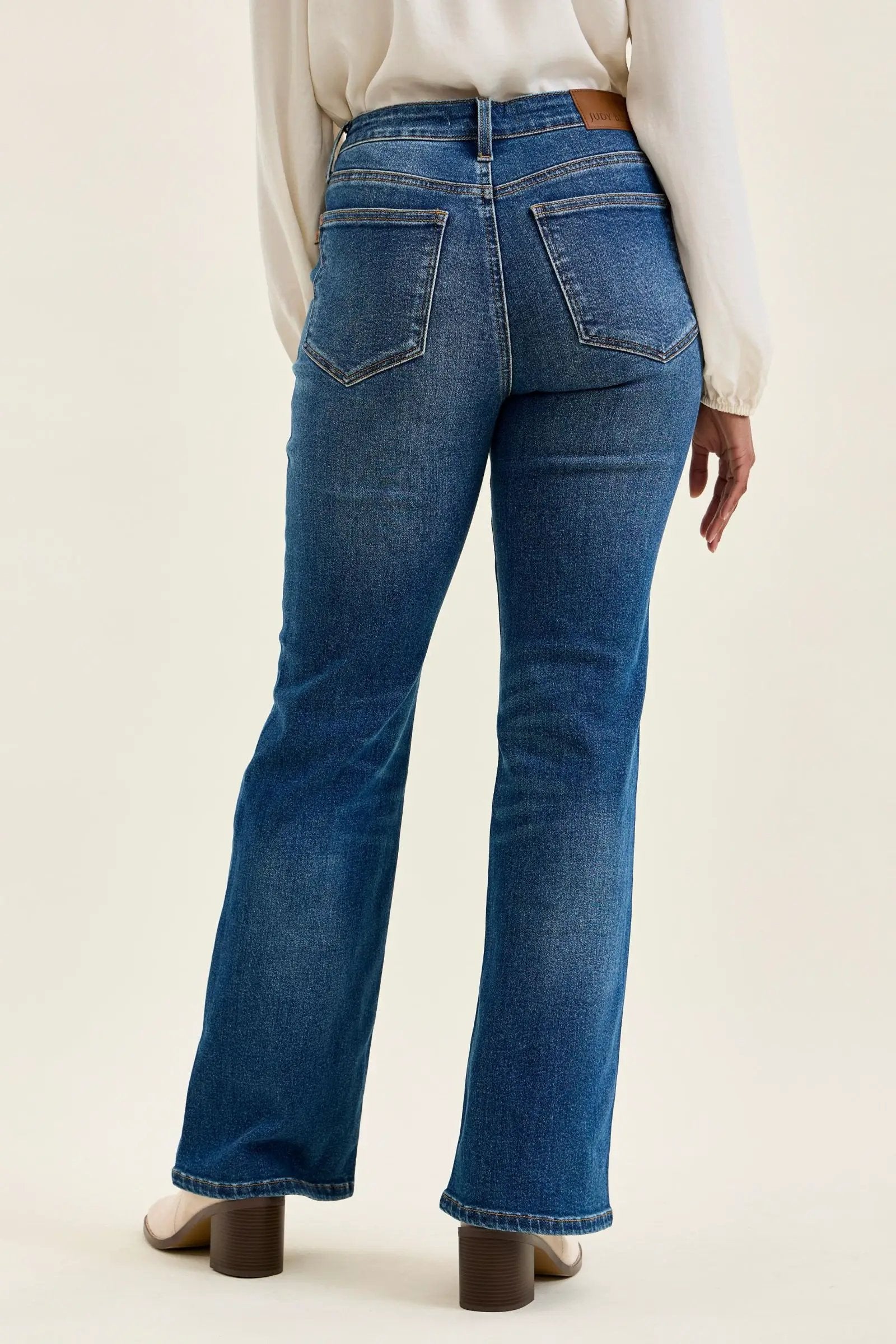 Judy Blue Daisy mid-rise tummy-control bootcut jeans, blue denim with Western stitching