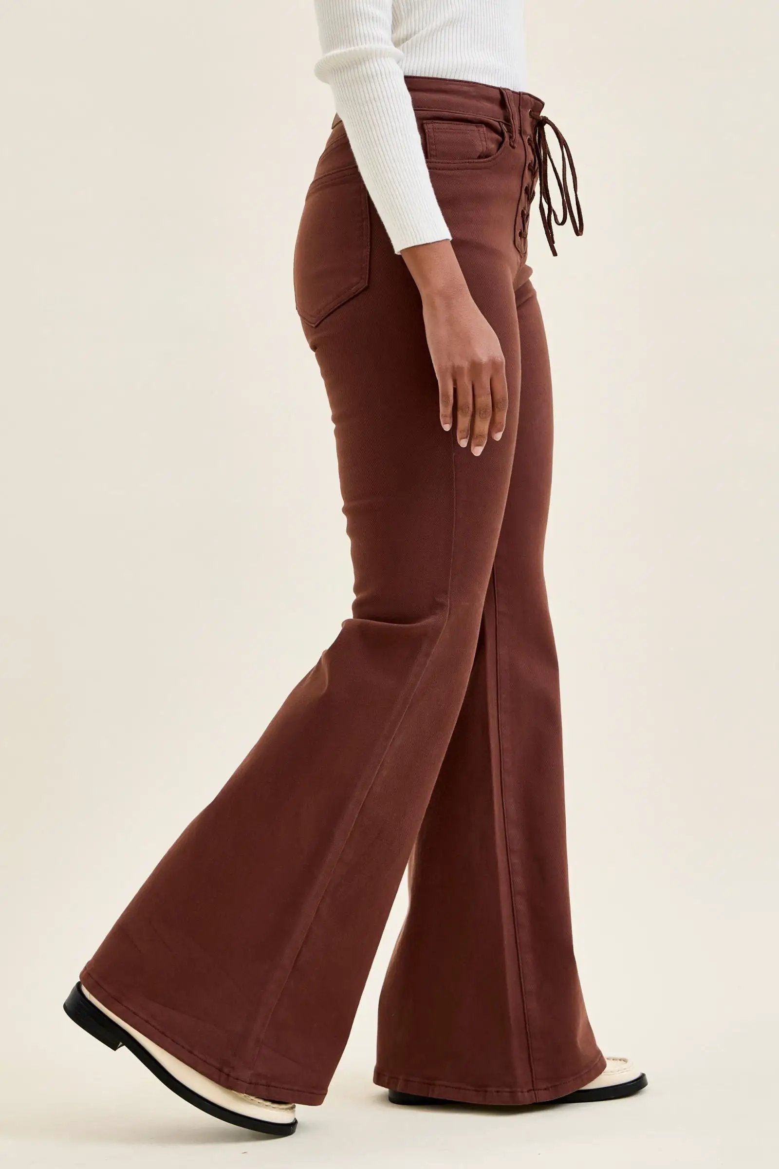 Judy Blue Jaqueline high-waist flare jeans in cocoa brown with front lace-up detail.