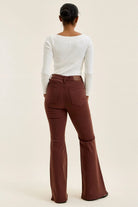 Judy Blue Jaqueline high-waist flare jeans in cocoa brown, back view with rear pockets and leather brand patch.