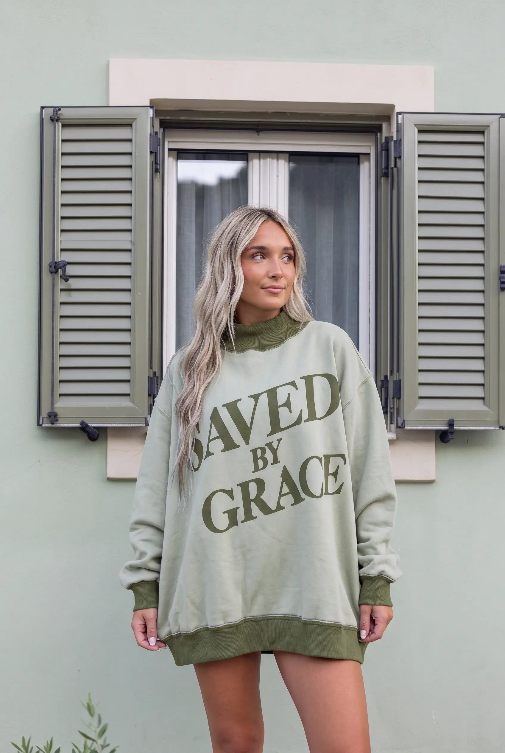 Laurel Green mock-neck oversized sweatshirt by Grateful Threads Boutique featuring SAVED BY GRACE graphic.