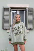 Laurel Green mock-neck oversized sweatshirt by Grateful Threads Boutique featuring SAVED BY GRACE graphic.