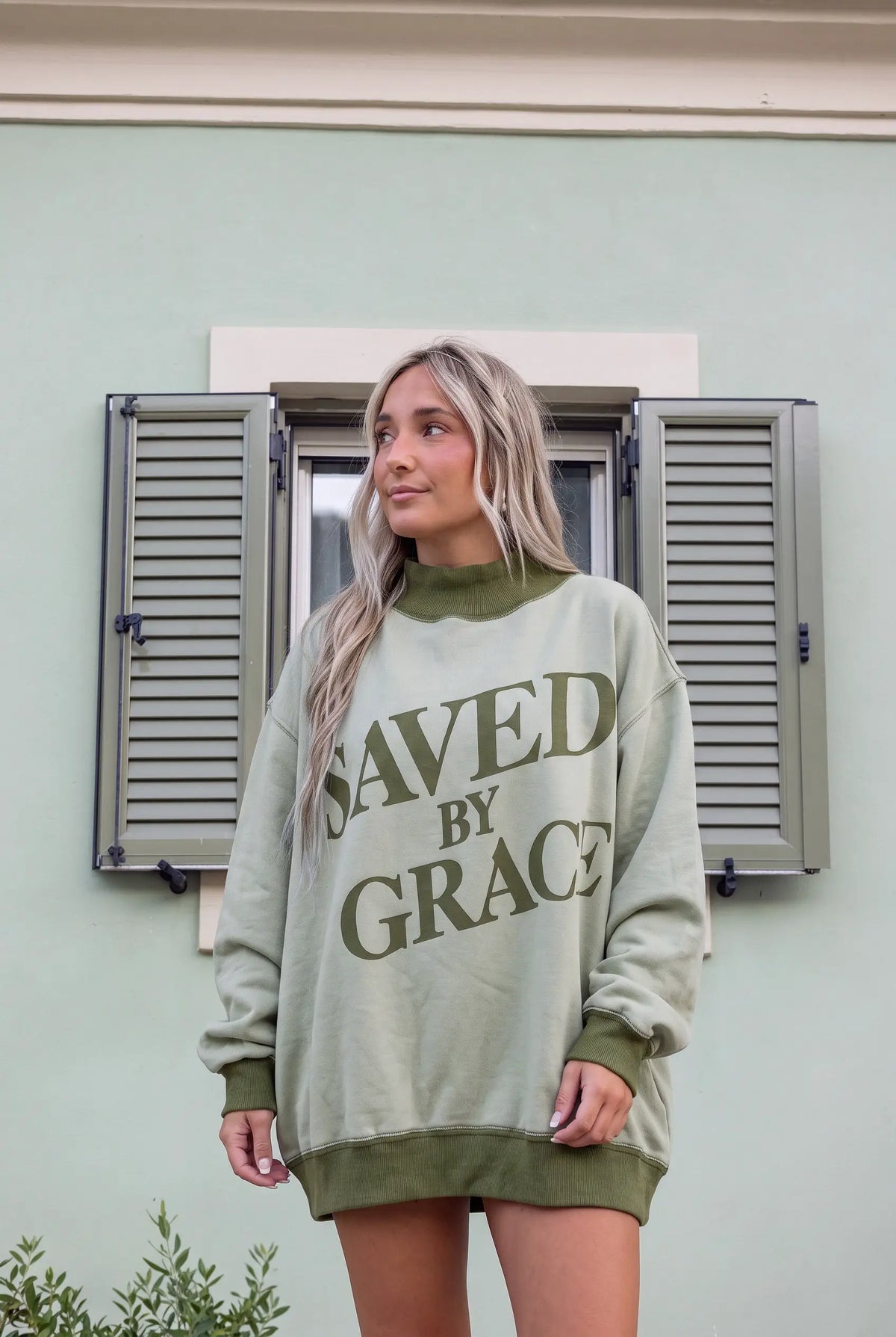 Laurel Green Mock Neck Oversized Graphic Sweatshirt by Grateful Threads Boutique